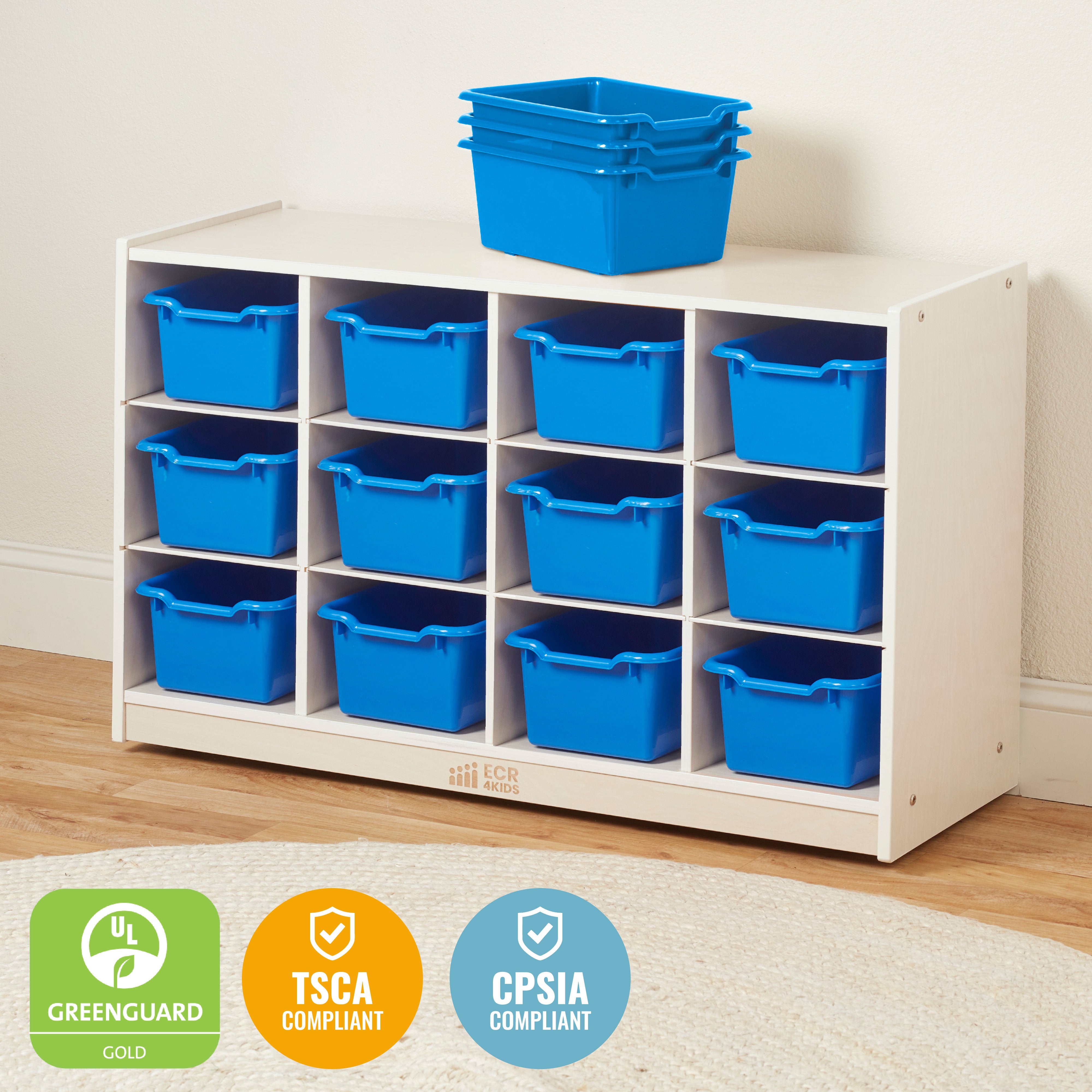 12 Cubby Mobile Tray Cabinet with 15 Scoop Front Storage Bins, 3x4, White Wash