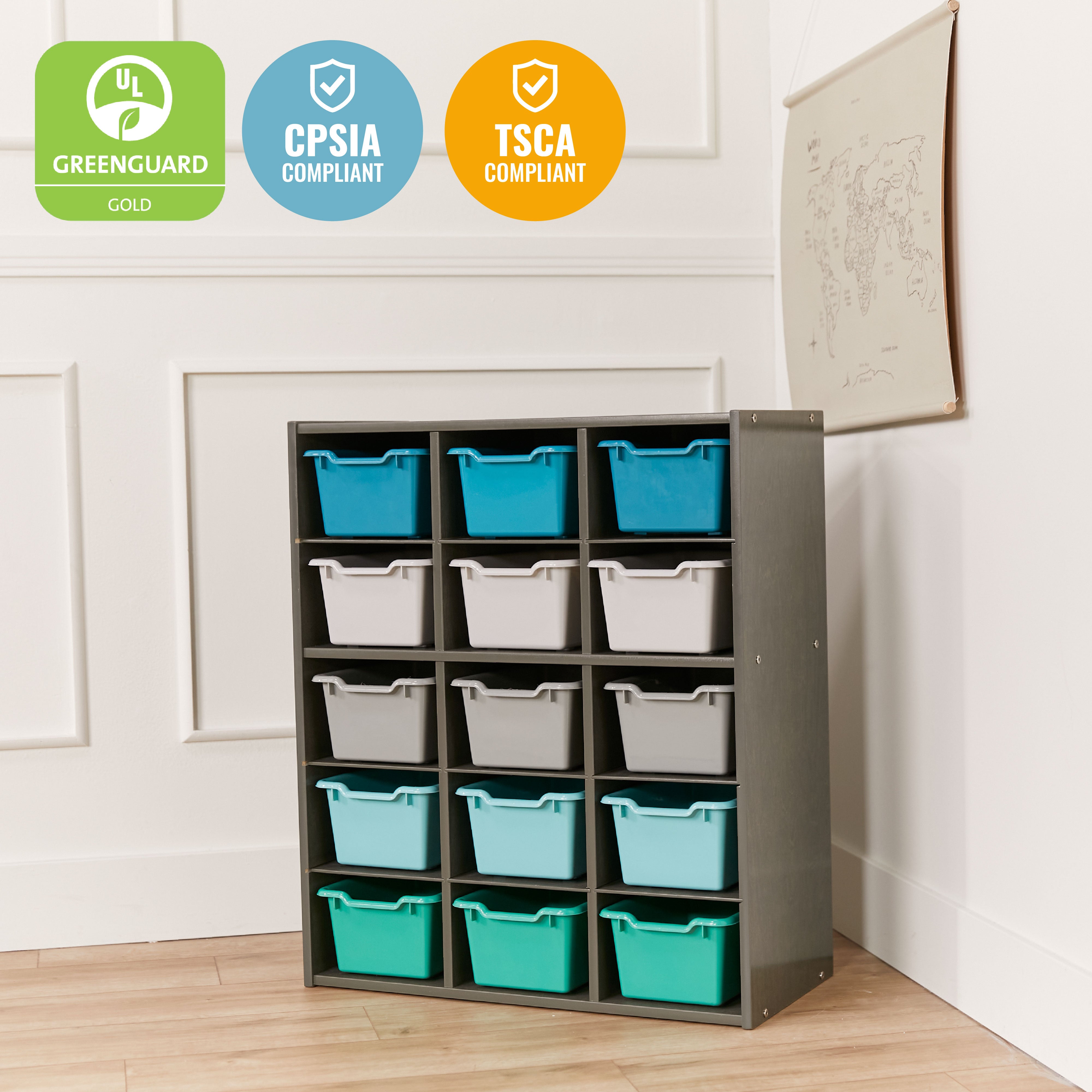 Streamline 15 Cubby Tray Cabinet with 15 Scoop Front Storage Bins, 5x3, Grey Wash