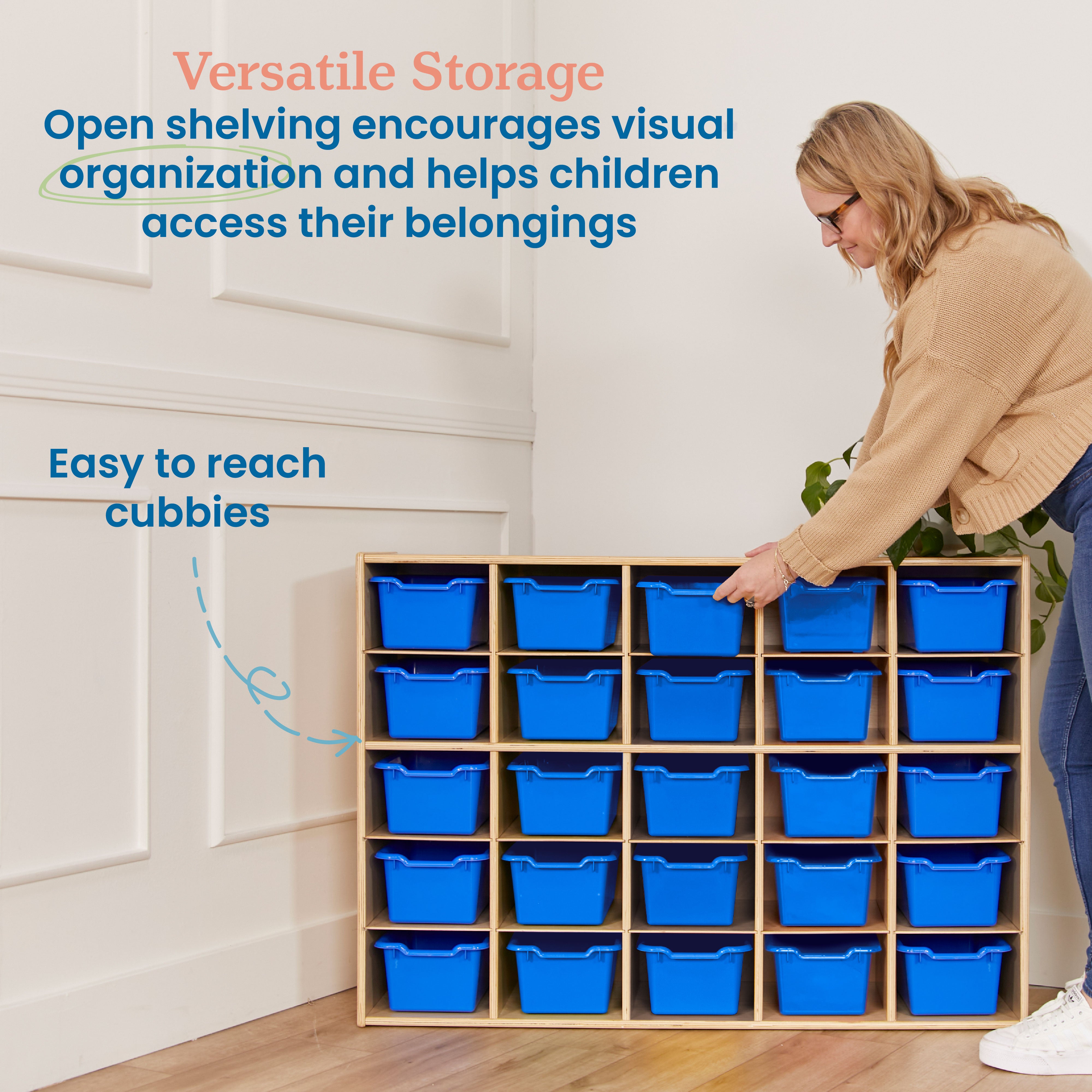 Streamline 25 Cubby Tray Cabinet with 25 Scoop Front Storage Bins, 5x5, Natural
