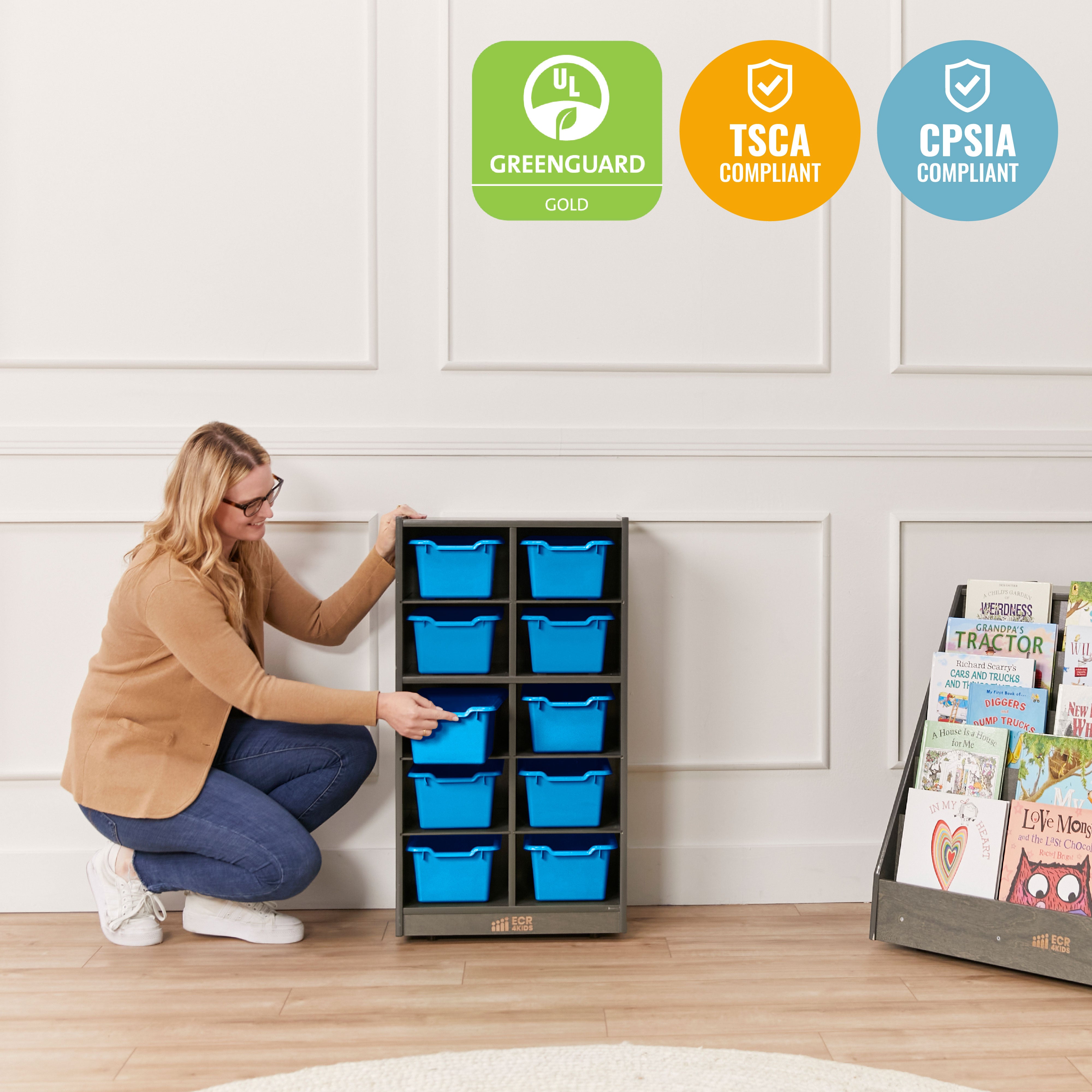 10 Cubby Mobile Tray Cabinet with 10 Scoop Front Storage Bins, 5x2, Grey Wash