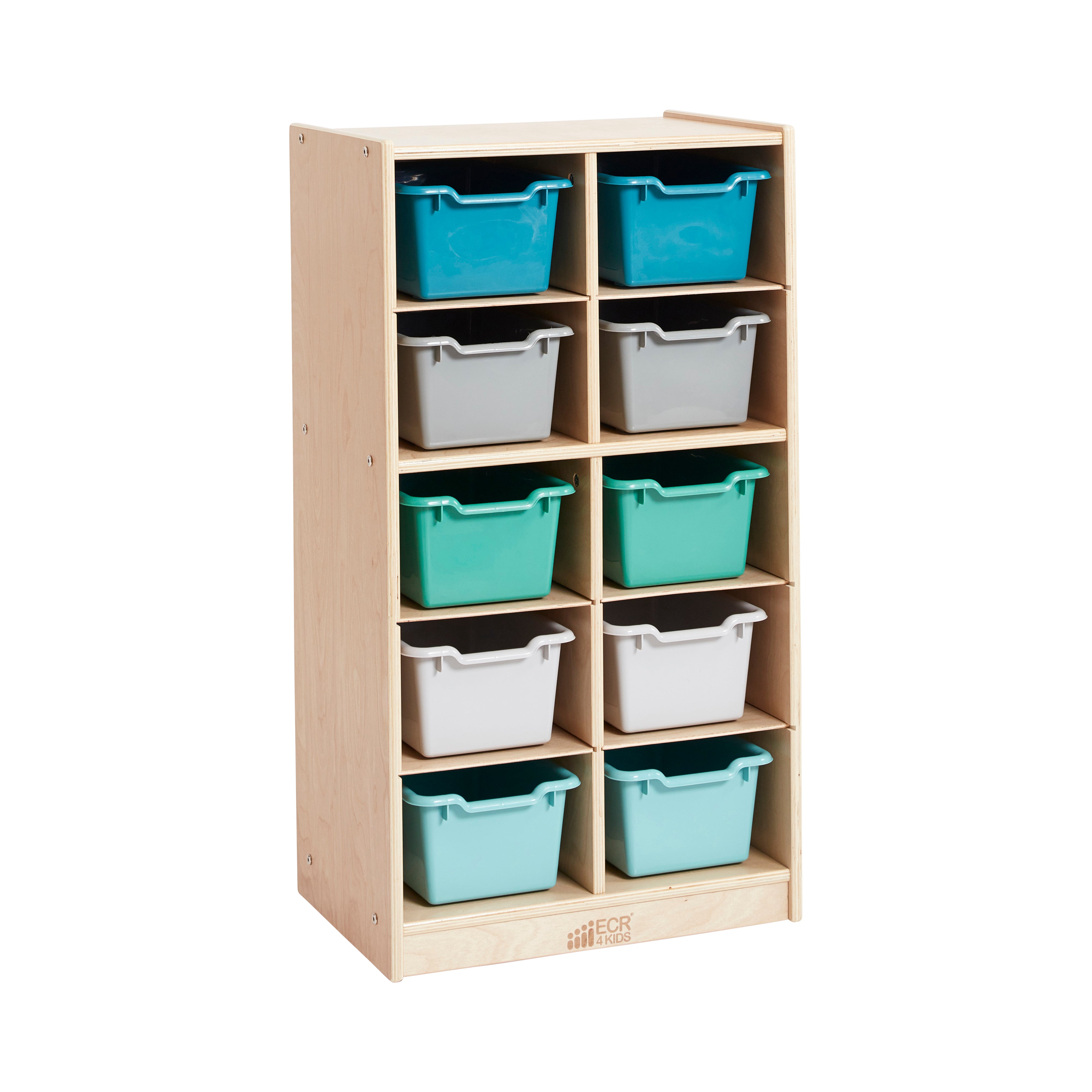 10 Cubby Mobile Tray Cabinet with 10 Scoop Front Storage Bins, 5x2, Natural