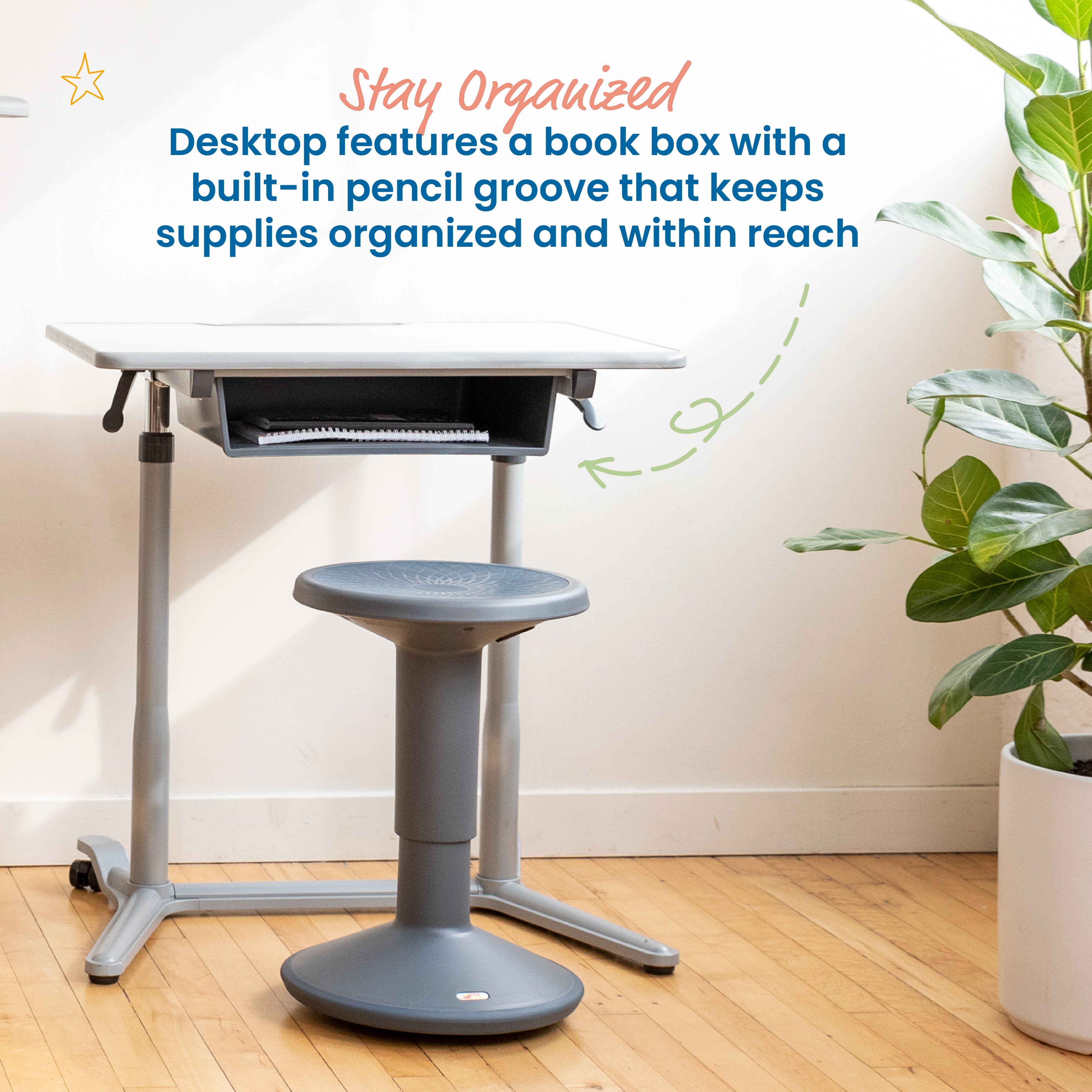 3S Mobile Desk, Sit Stand and Store, Adjustable, Open Front Desk, Grey