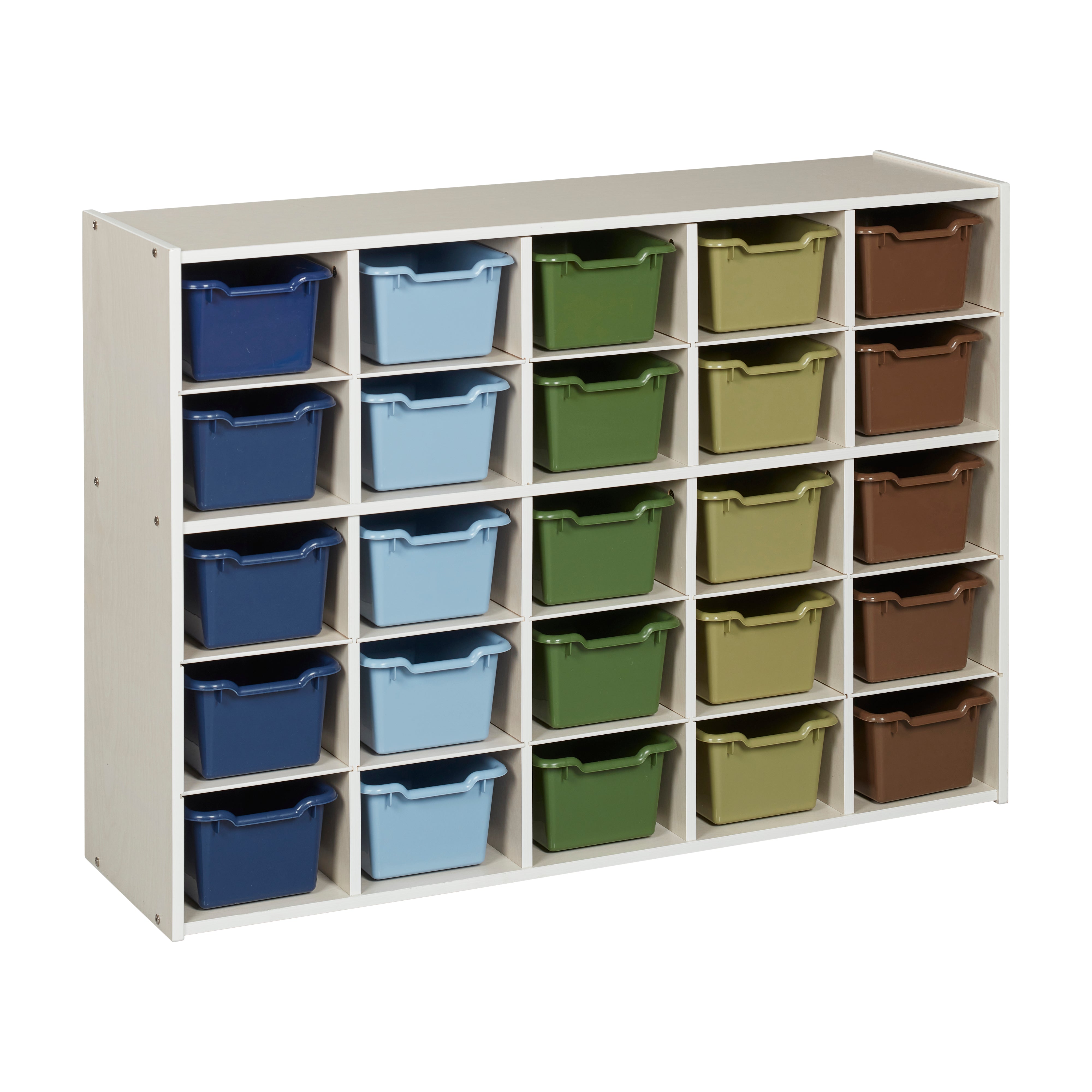 Streamline 25 Cubby Tray Cabinet with 25 Scoop Front Storage Bins, 5x5, White Wash