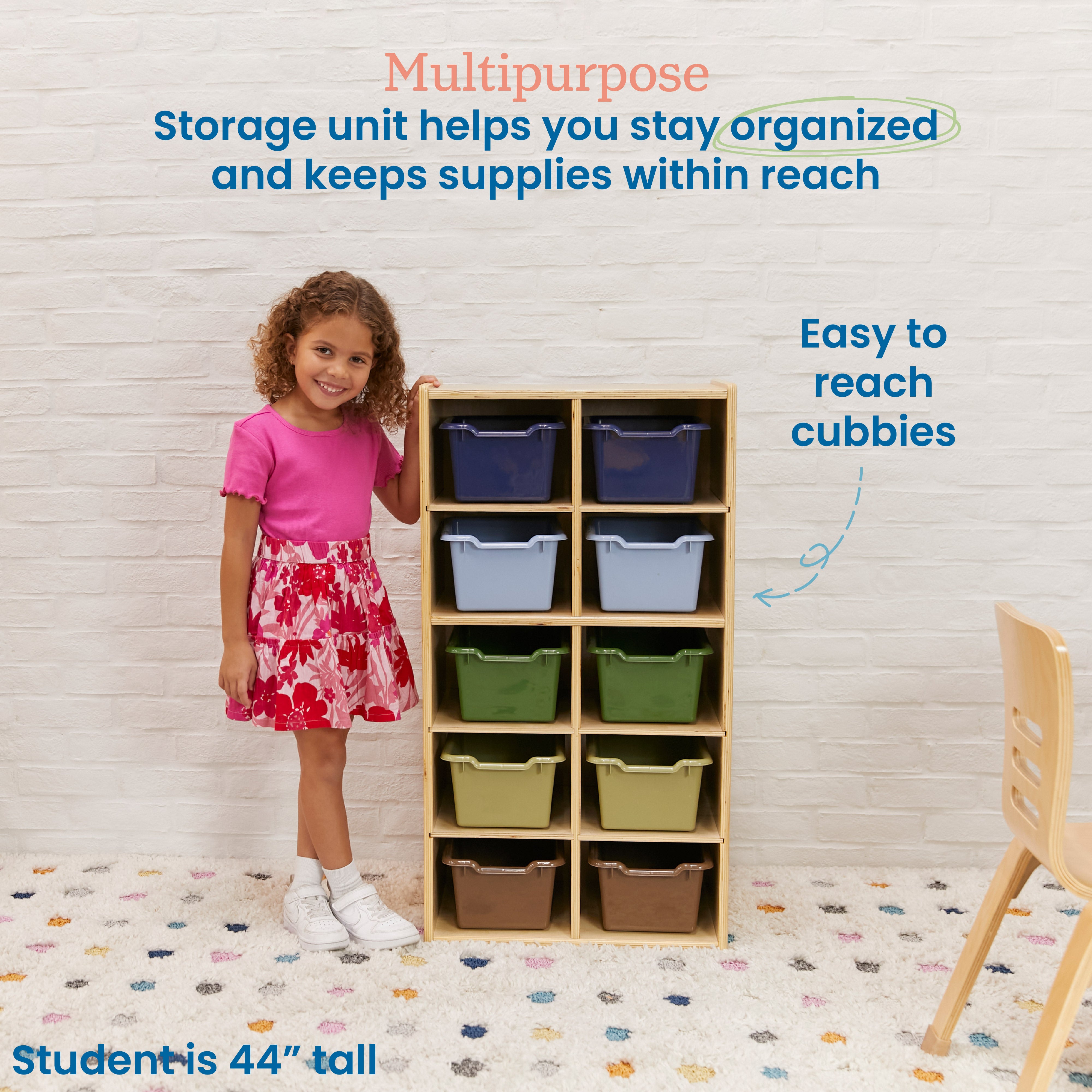 Streamline 10 Cubby Tray Cabinet with 10 Scoop Front Storage Bins, 5x2, Natural