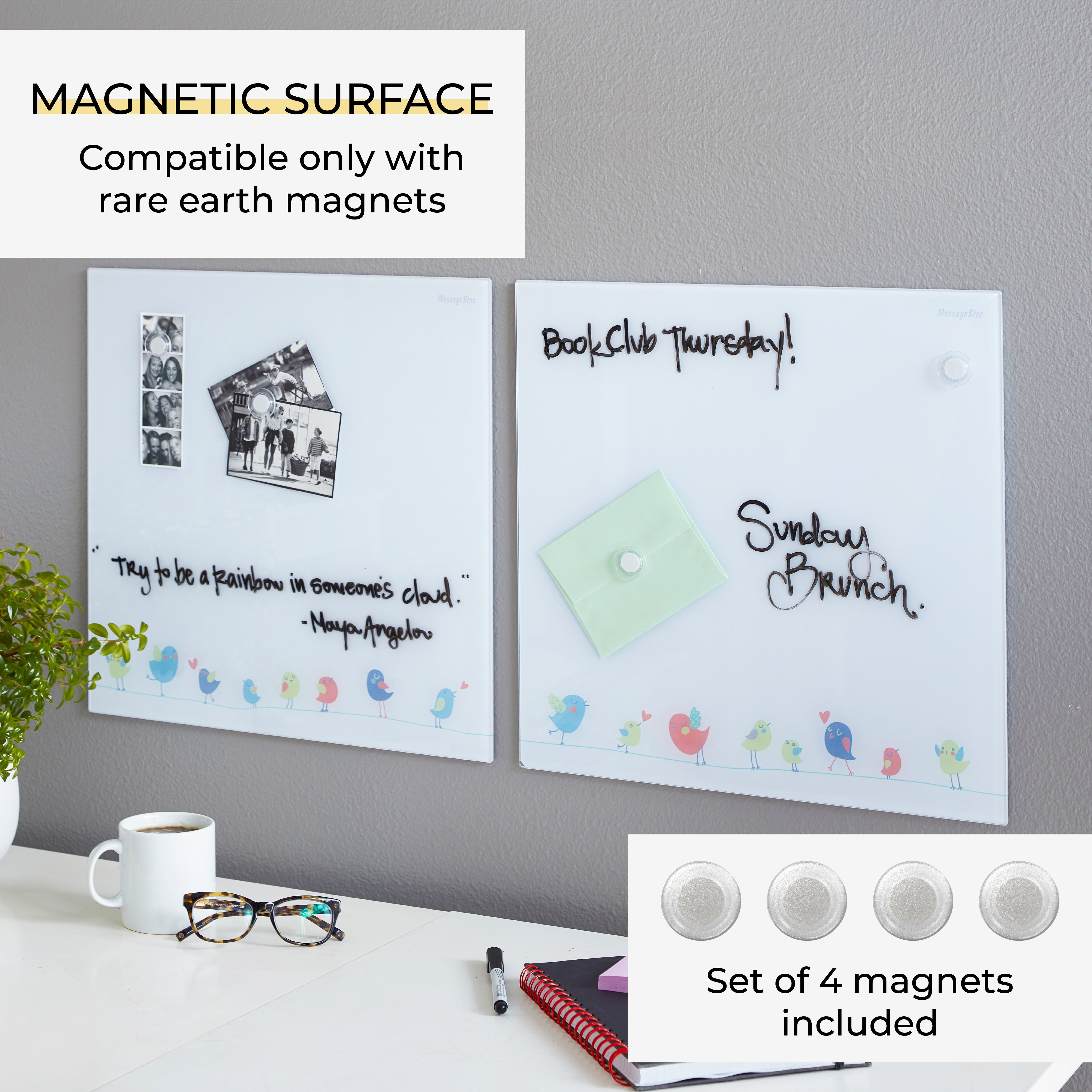 MessageStor Magnetic Dry-Erase Glass Board with Magnets, 17.5in x 17.5in, 2-Pack