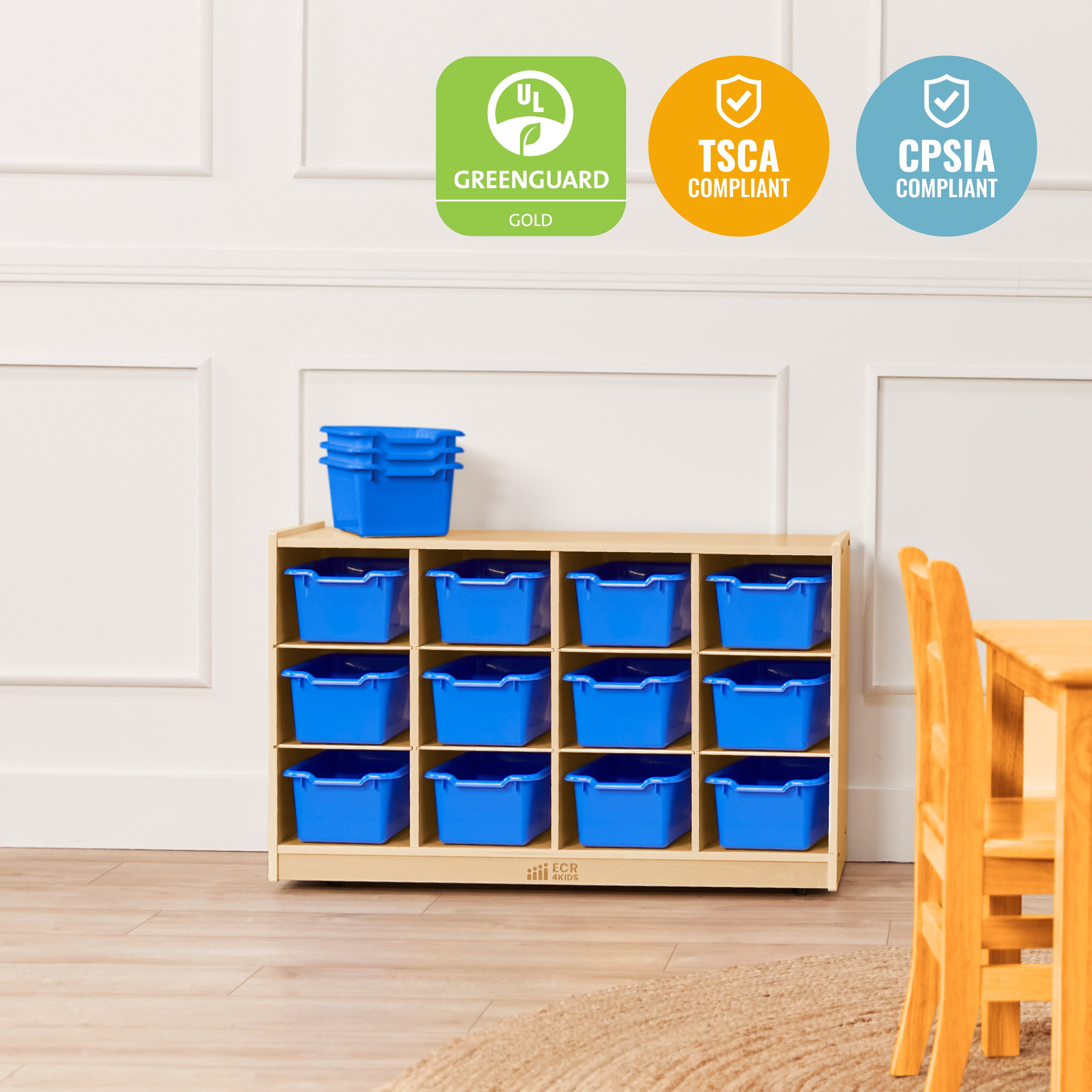 12 Cubby Mobile Tray Cabinet and 15 Scoop Front Bins, 3x4