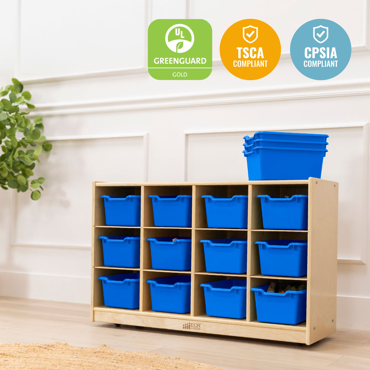 12 Cubby Mobile Tray Cabinet with 15 Scoop Front Bins, 3x4