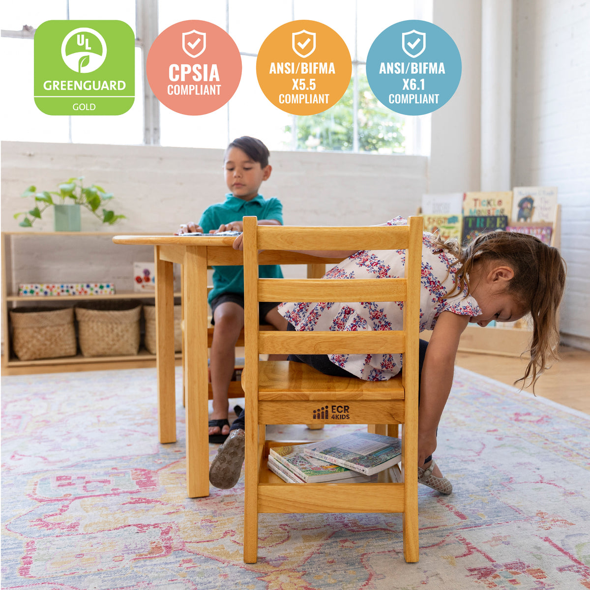 30in Round Hardwood Table and Two Chairs with Storage, 12in Seat Height, 3-Piece