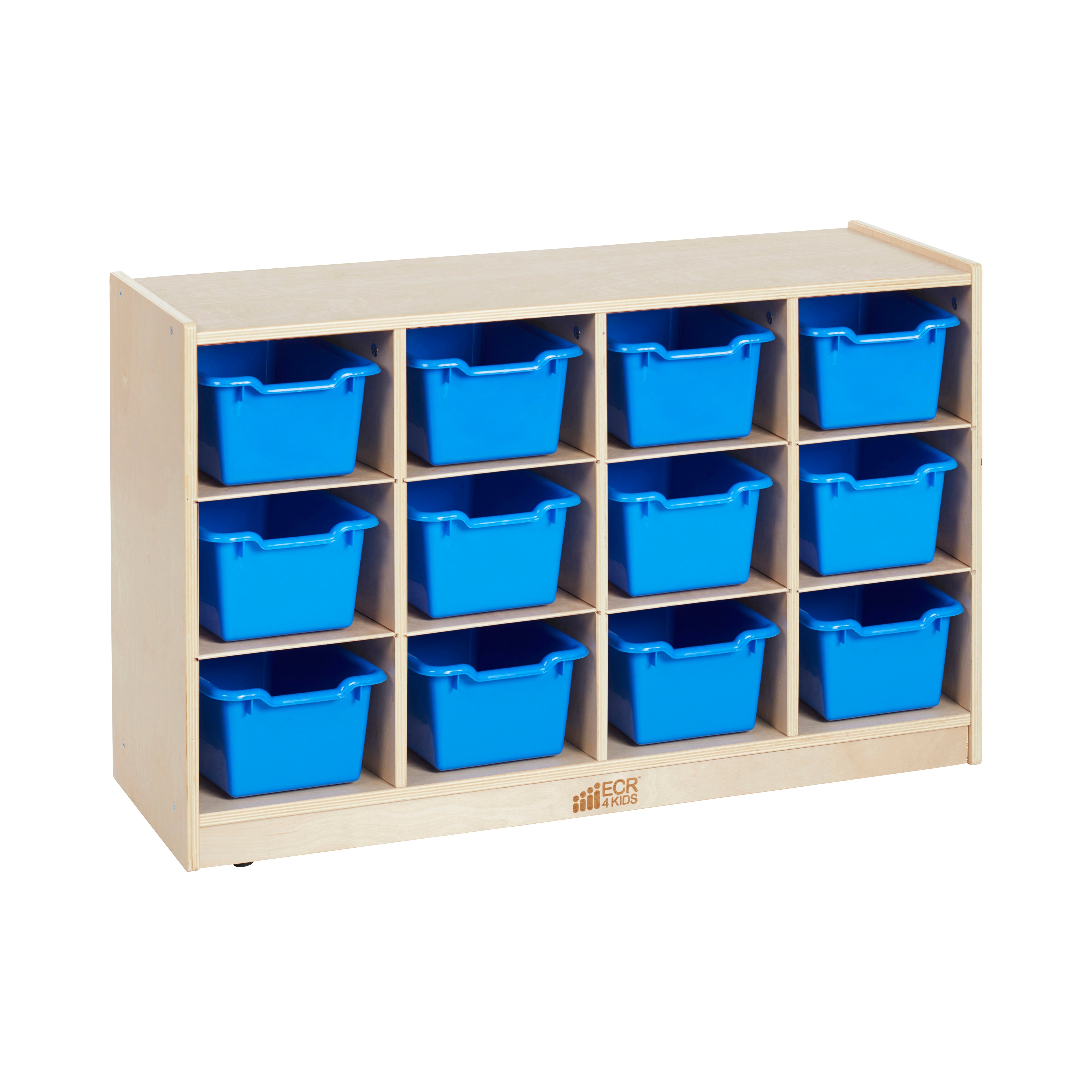 12 Cubby Mobile Tray Cabinet with 15 Scoop Front Storage Bins, 3x4, Natural