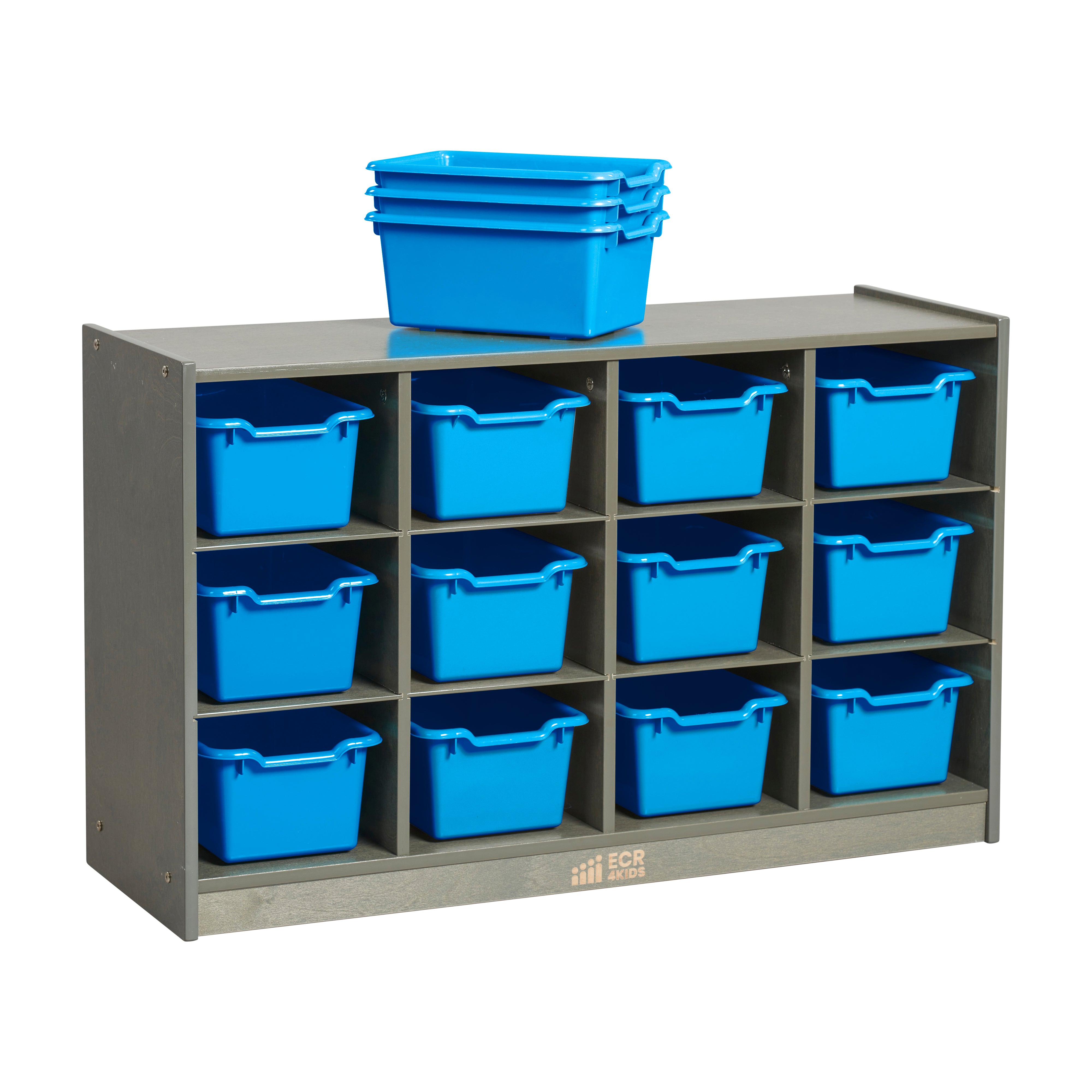 12 Cubby Mobile Tray Cabinet with 15 Scoop Front Storage Bins, 3x4, Grey Wash