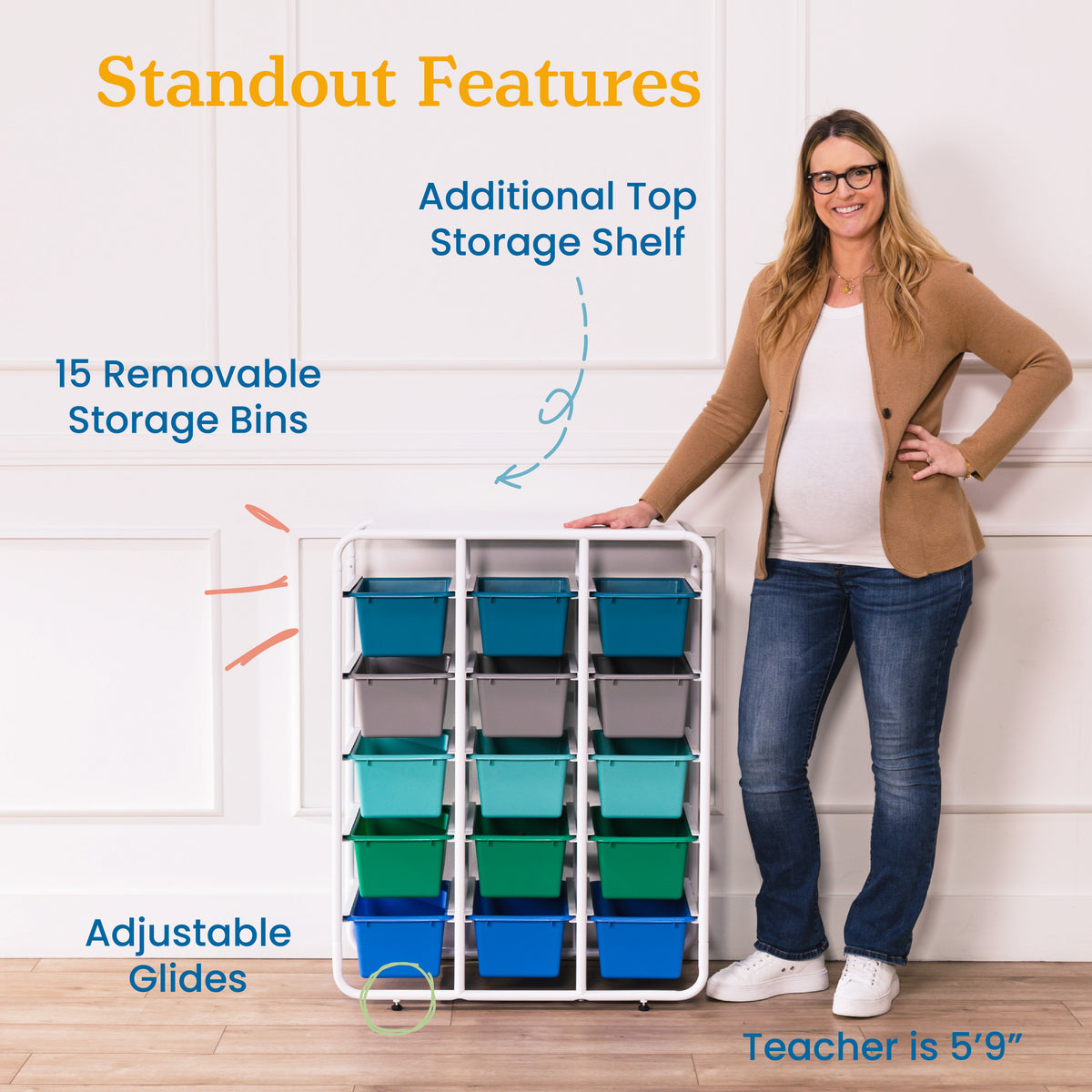 5-Tier Storage Rack with 15 Cubby Bins, 5x3