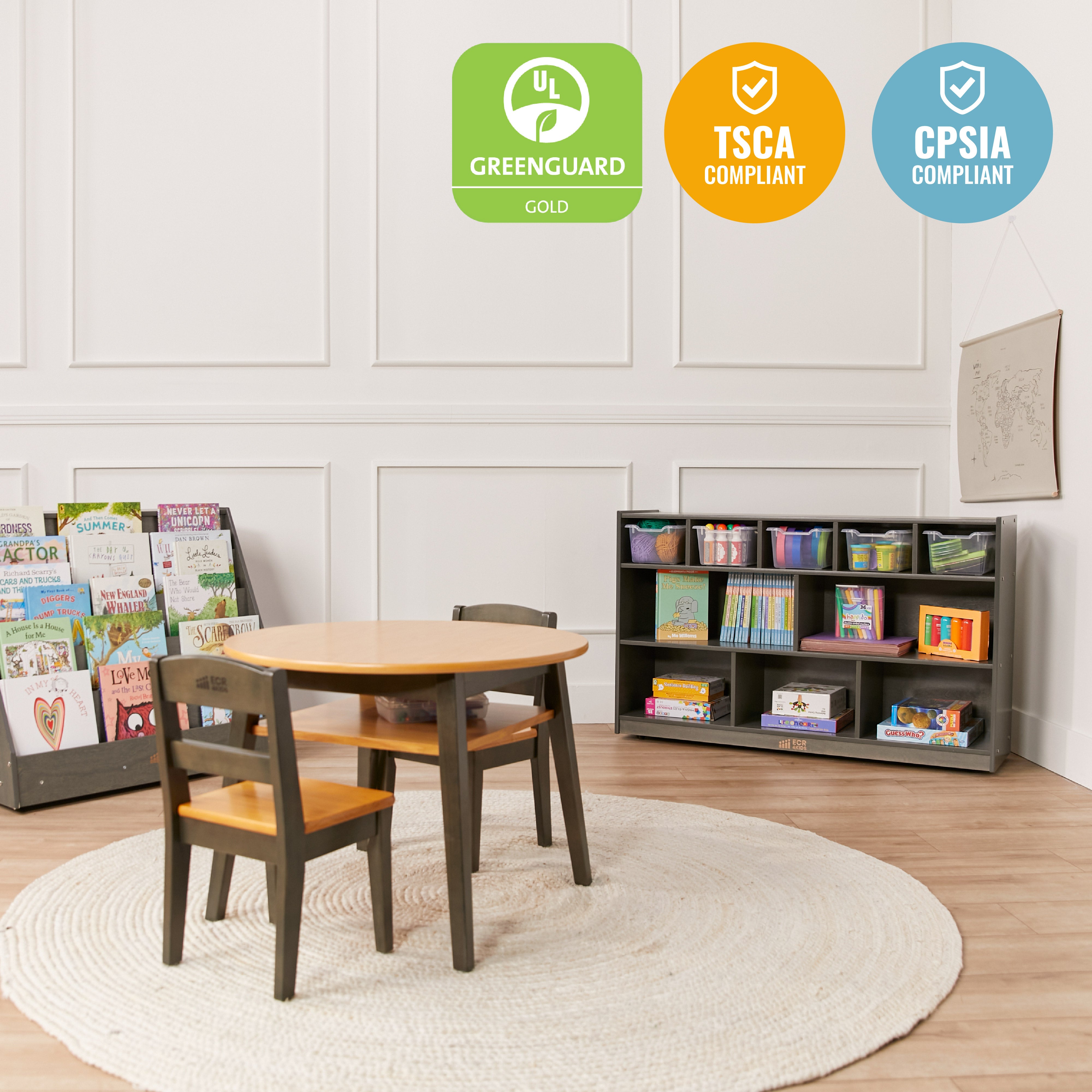 5+5 Mobile Storage and Tray Cabinet with 5 Scoop Front Bins, Grey Wash, Classroom Furniture
