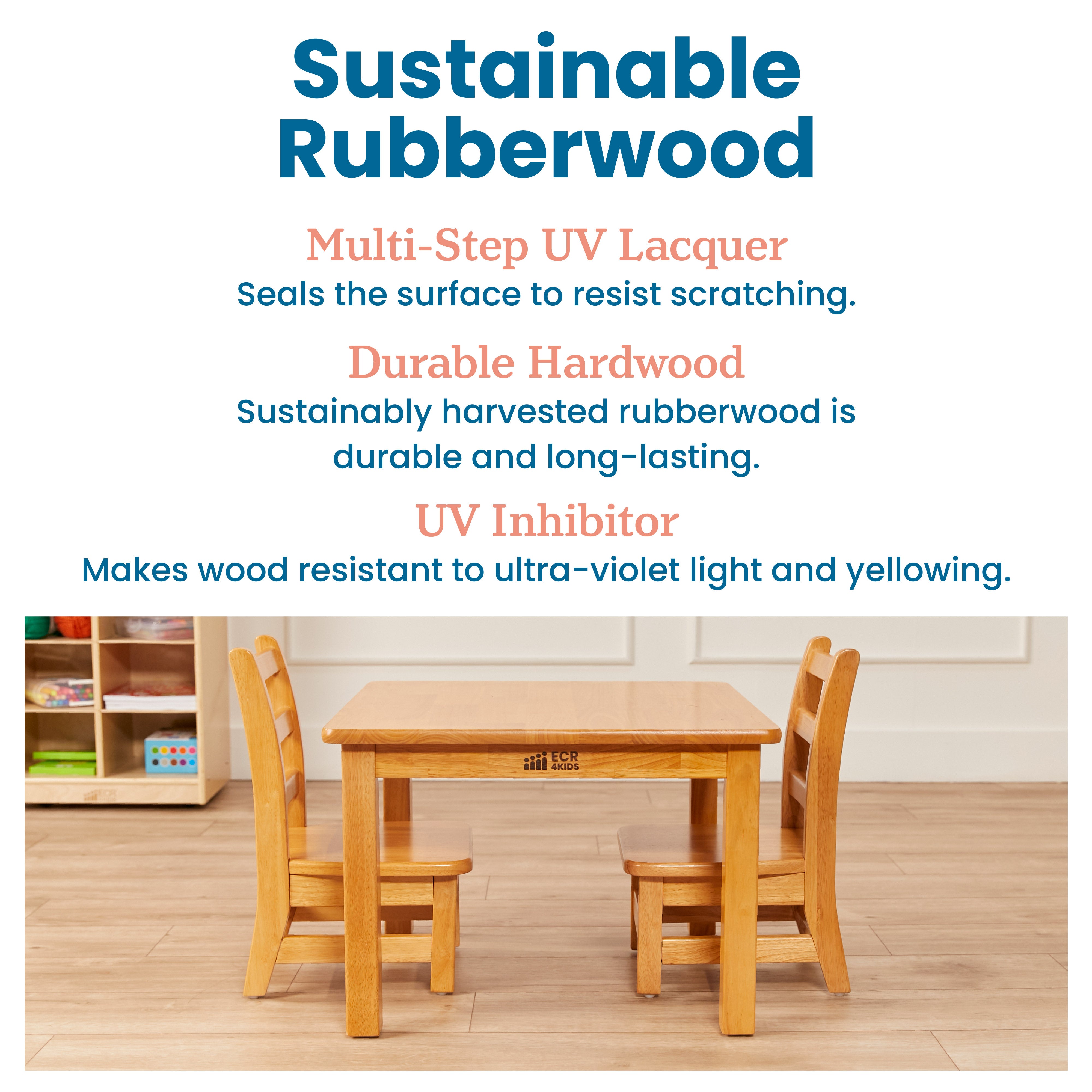 30in x 30in Square Hardwood Table with 16in Legs and Two 8in Chairs, 3-Piece