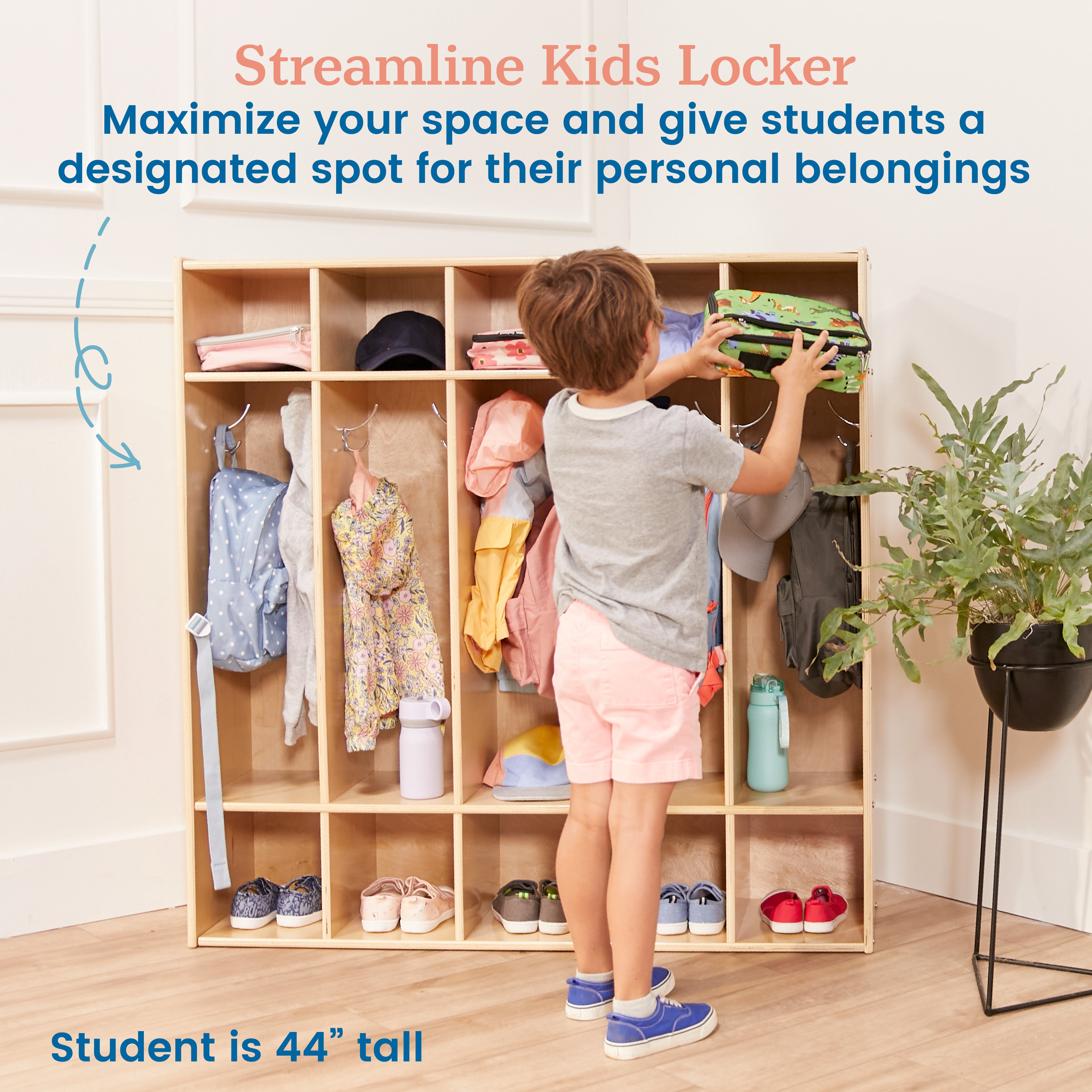 Streamline 5-Section Coat Locker with Scoop Front Storage Bins, Natural, Classroom Furniture