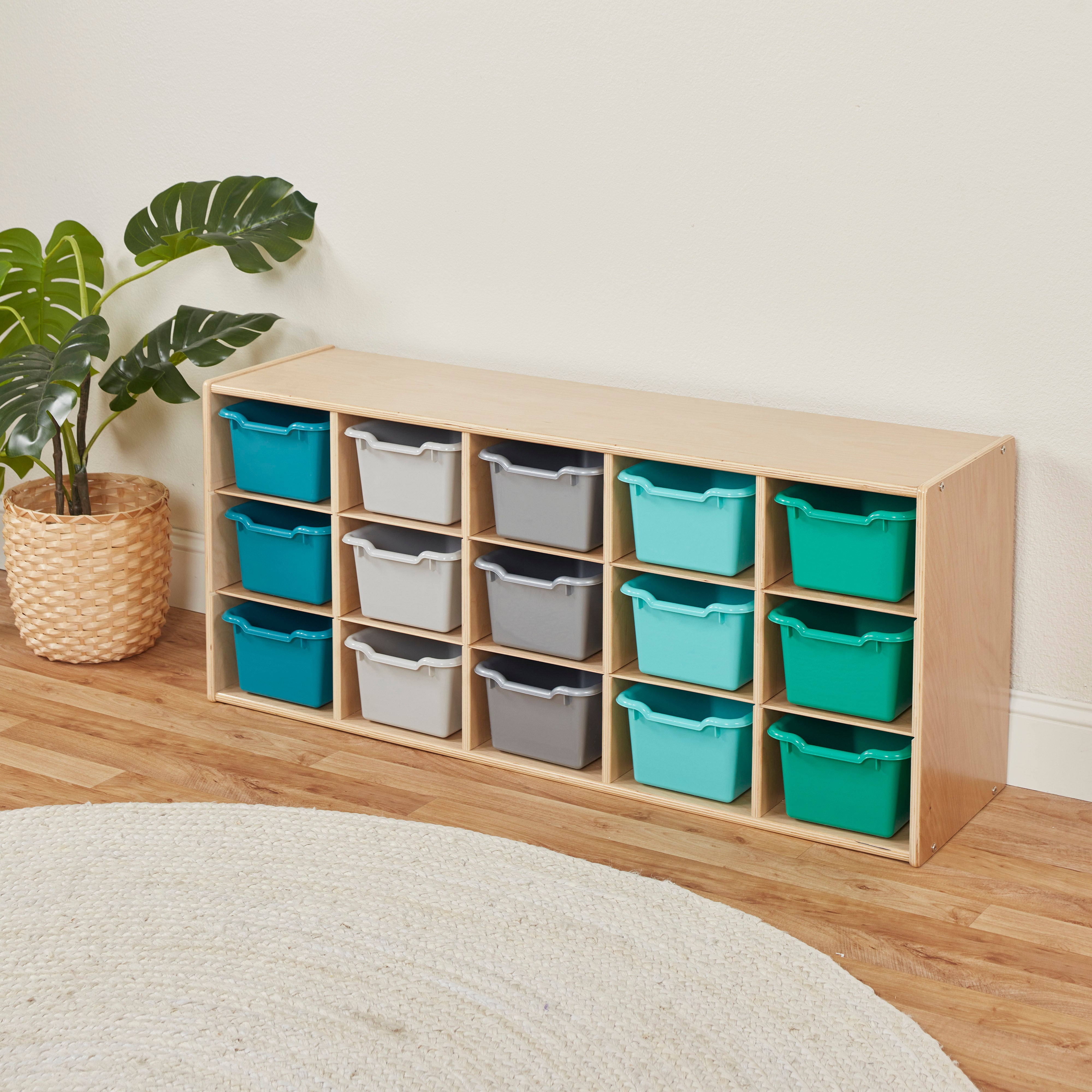 Streamline 15 Cubby Tray Cabinet with 15 Scoop Front Storage Bins, 3x5, Natural