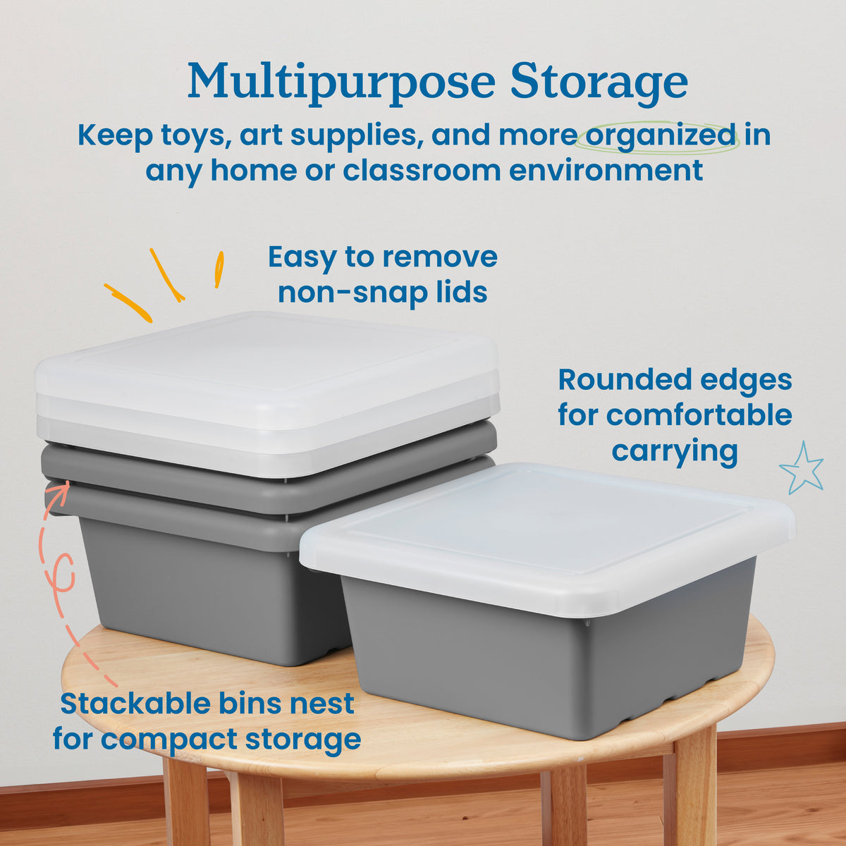 Stackable Square Bins with Non-Snap Lids, 4-Pack