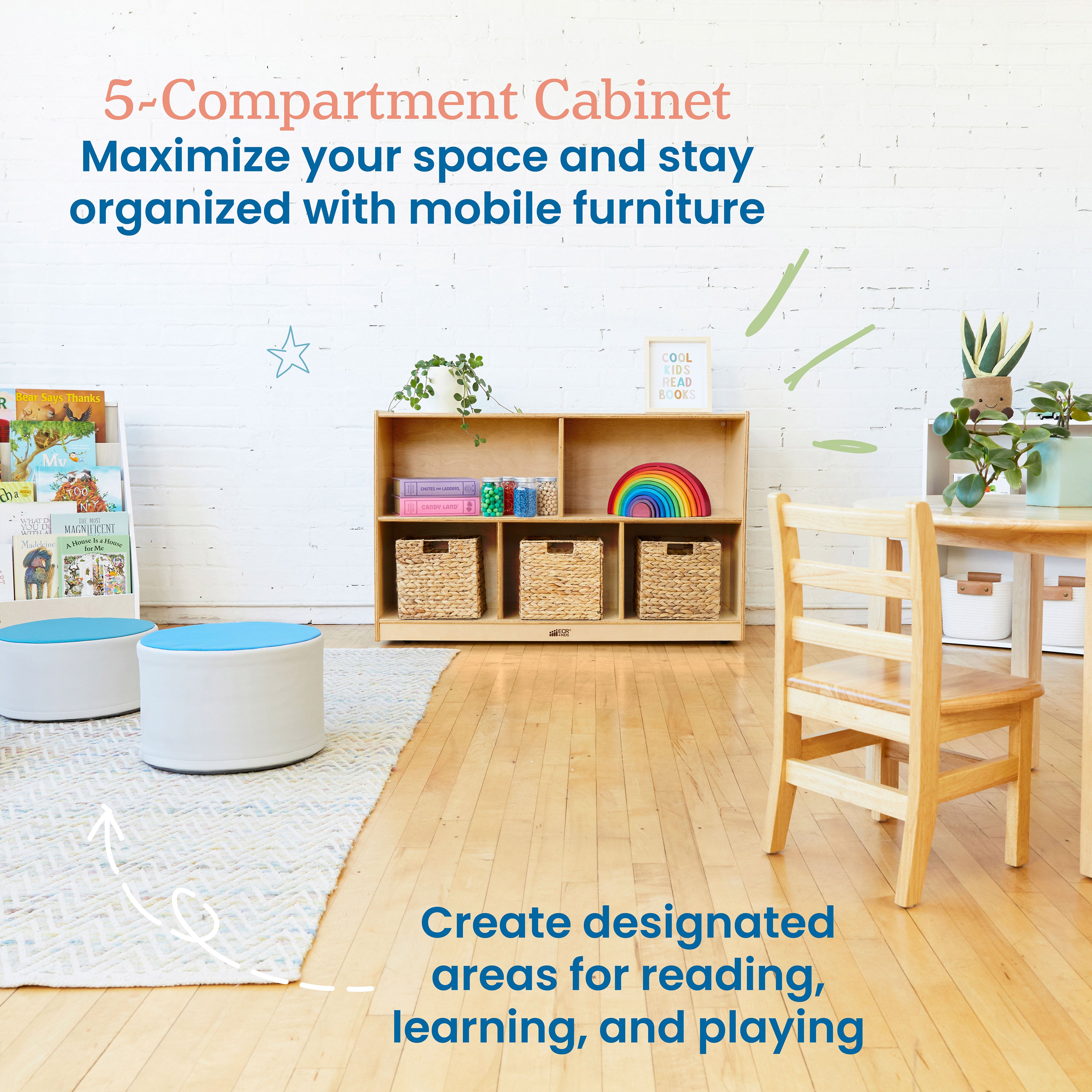 5-Compartment Mobile Storage Cabinet, Preschool