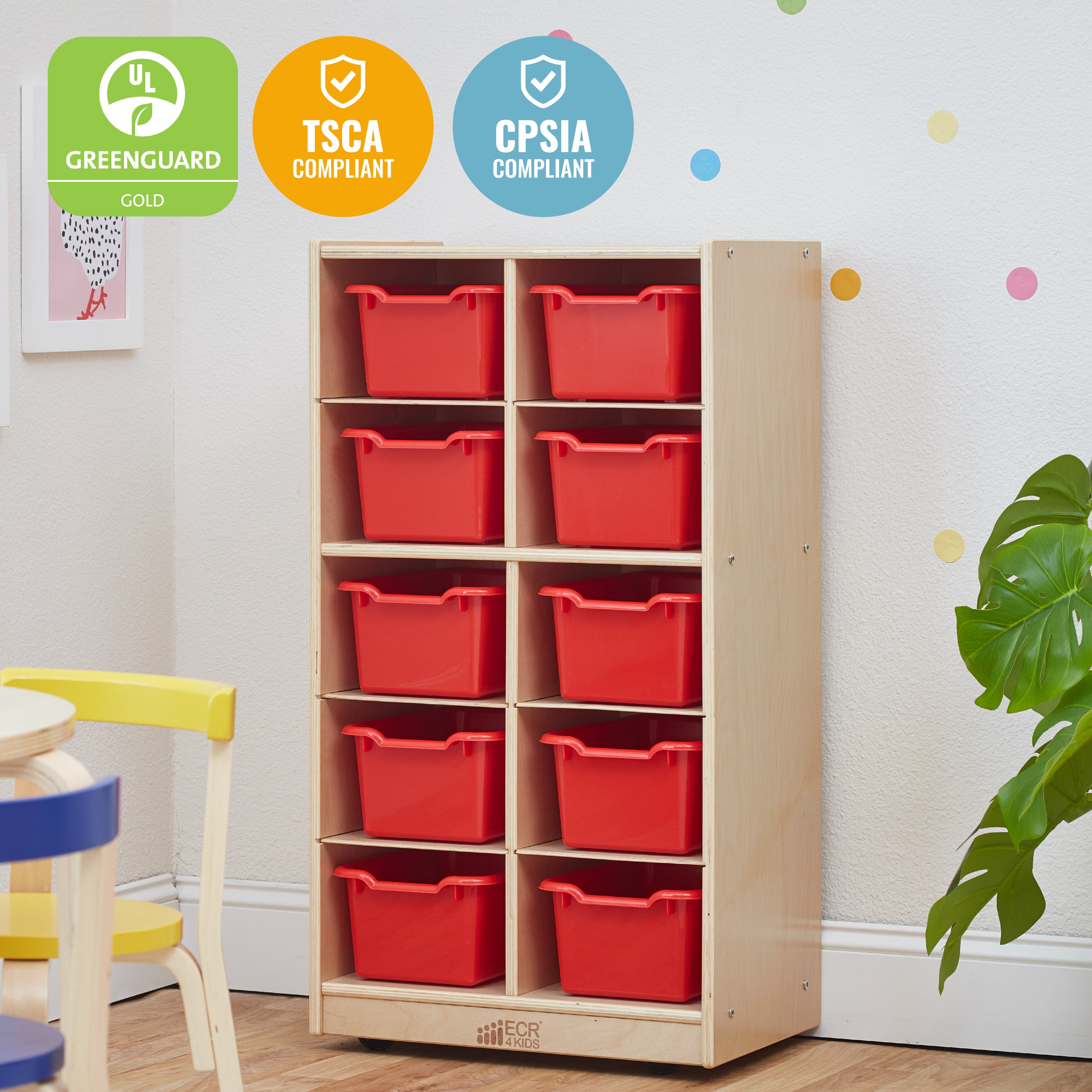10 Cubby Mobile Tray Cabinet with 10 Scoop Front Storage Bins, 5x2, Natural