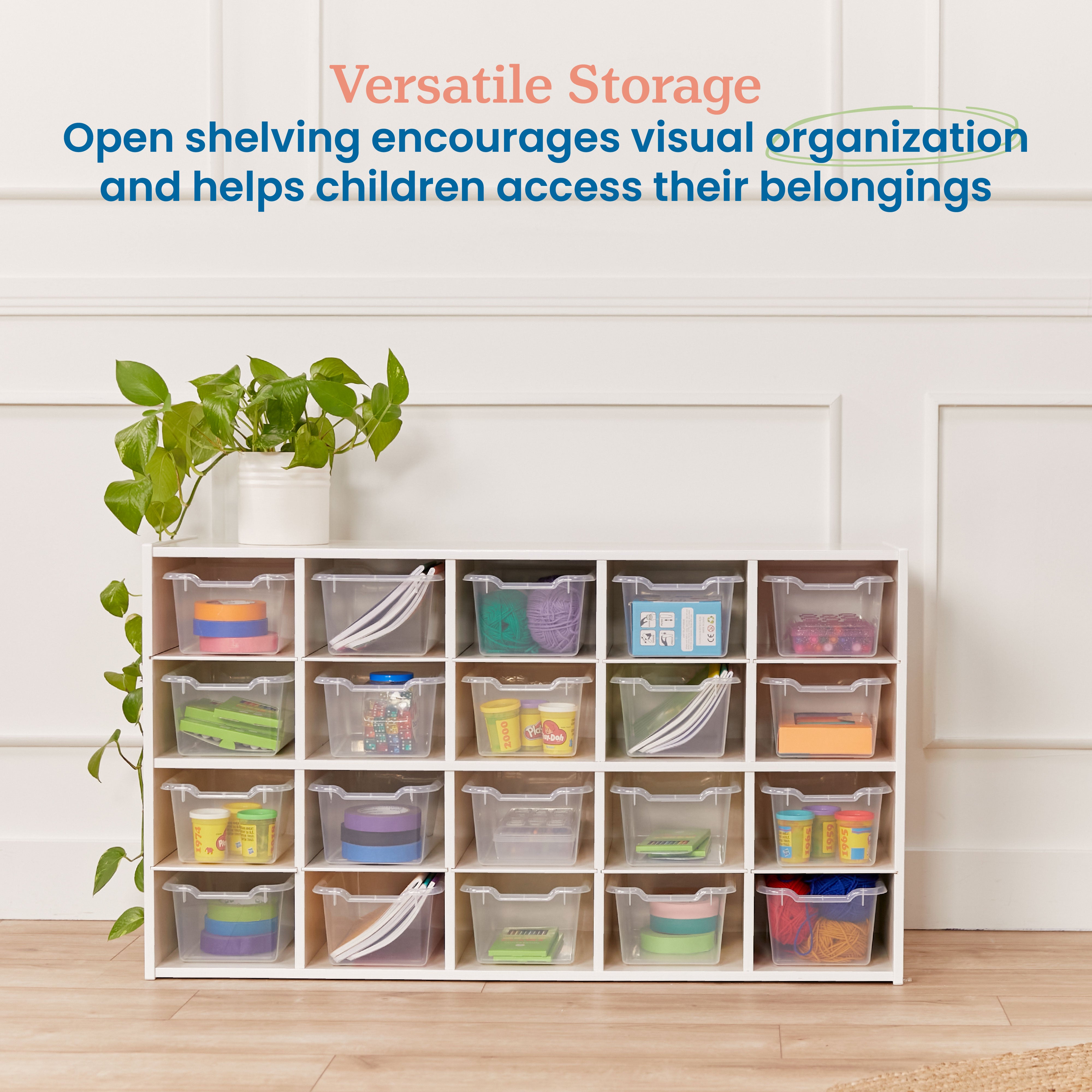 Streamline 20 Cubby Tray Storage Cabinet with 20 Scoop Front Storage Bins, 4x5, White Wash