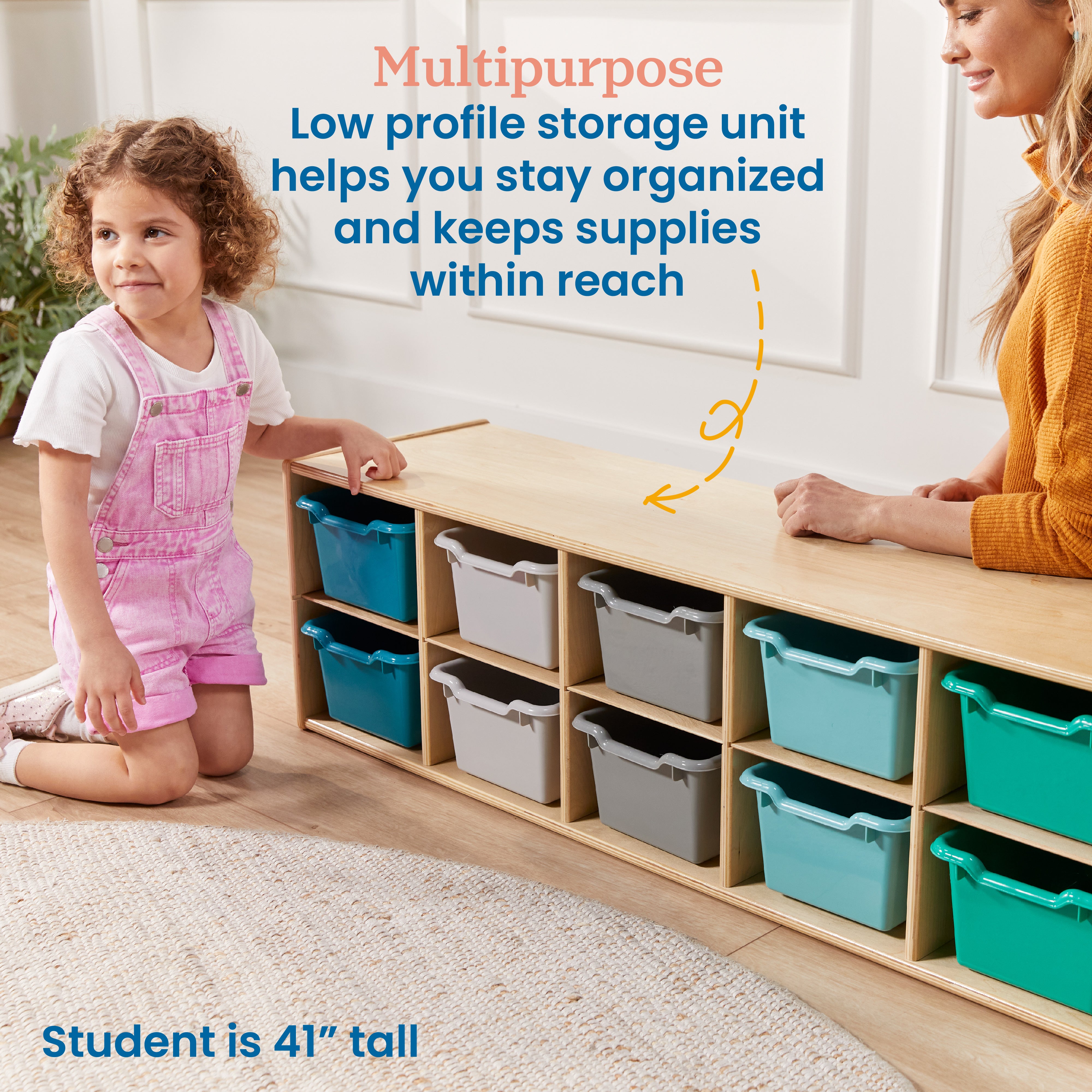 Streamline 10 Cubby Tray Cabinet with 10 Scoop Front Storage Bins, 2x5, Natural