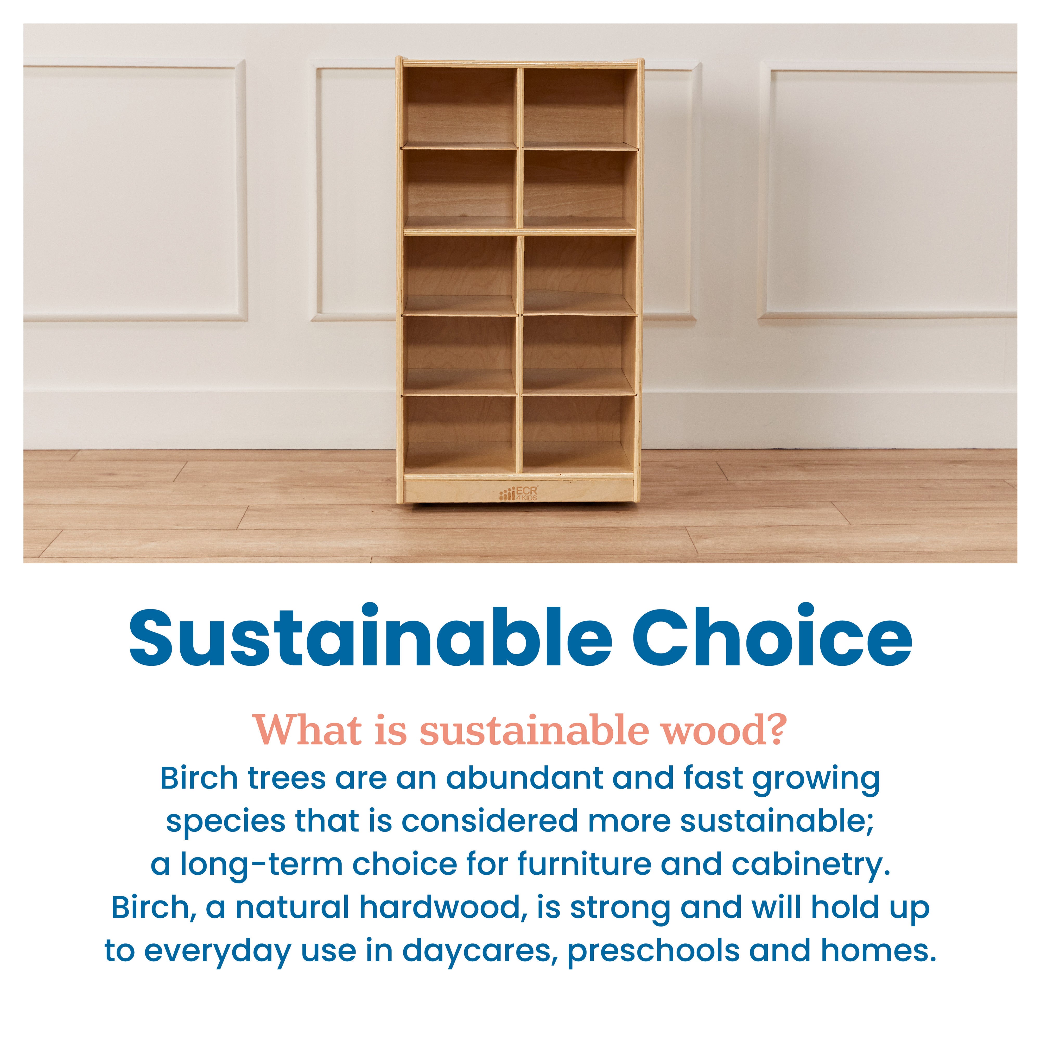 10 Cubby Mobile Tray Cabinet with 10 Scoop Front Storage Bins, 5x2, Natural