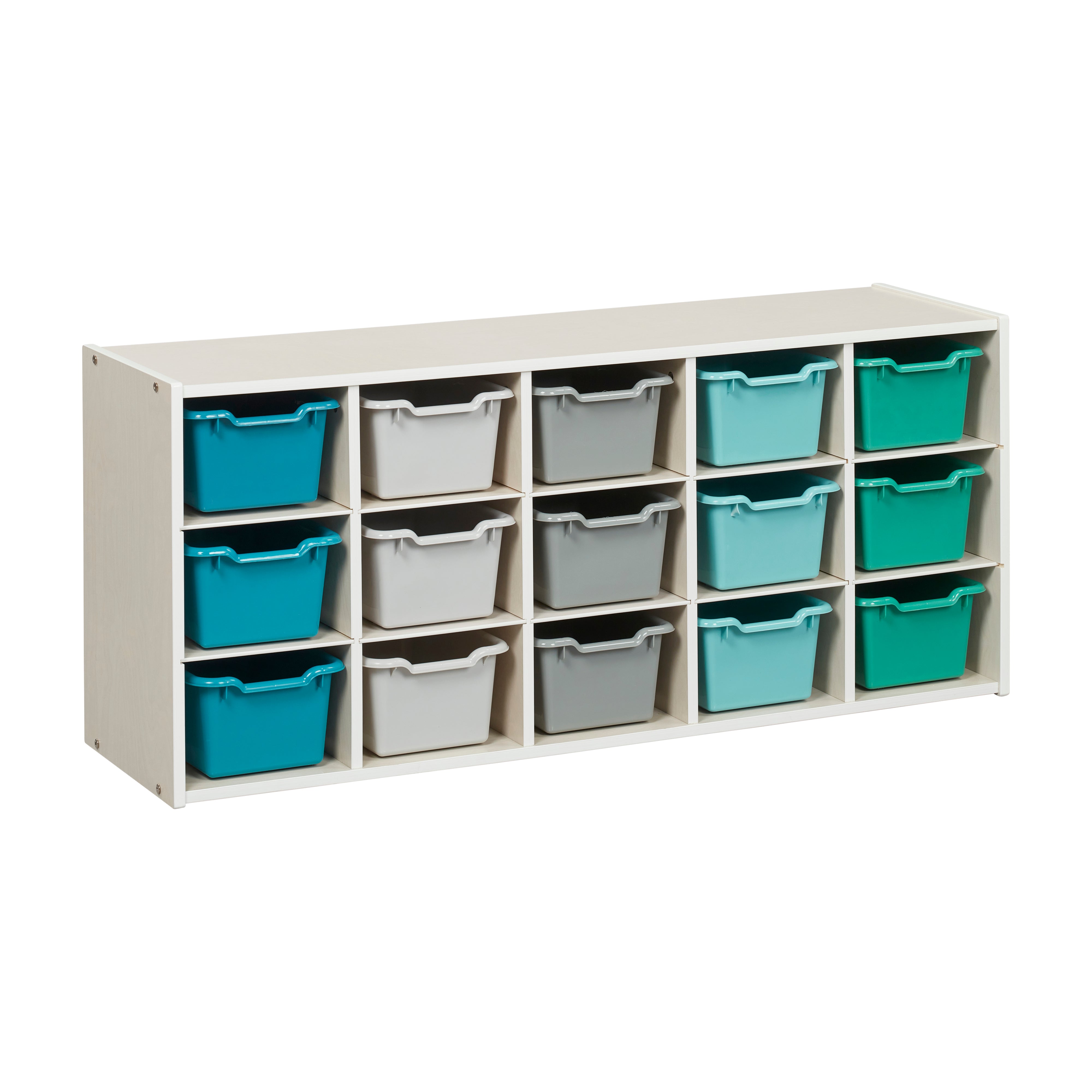 Streamline 15 Cubby Tray Cabinet with 15 Scoop Front Storage Bins, 3x5, White Wash