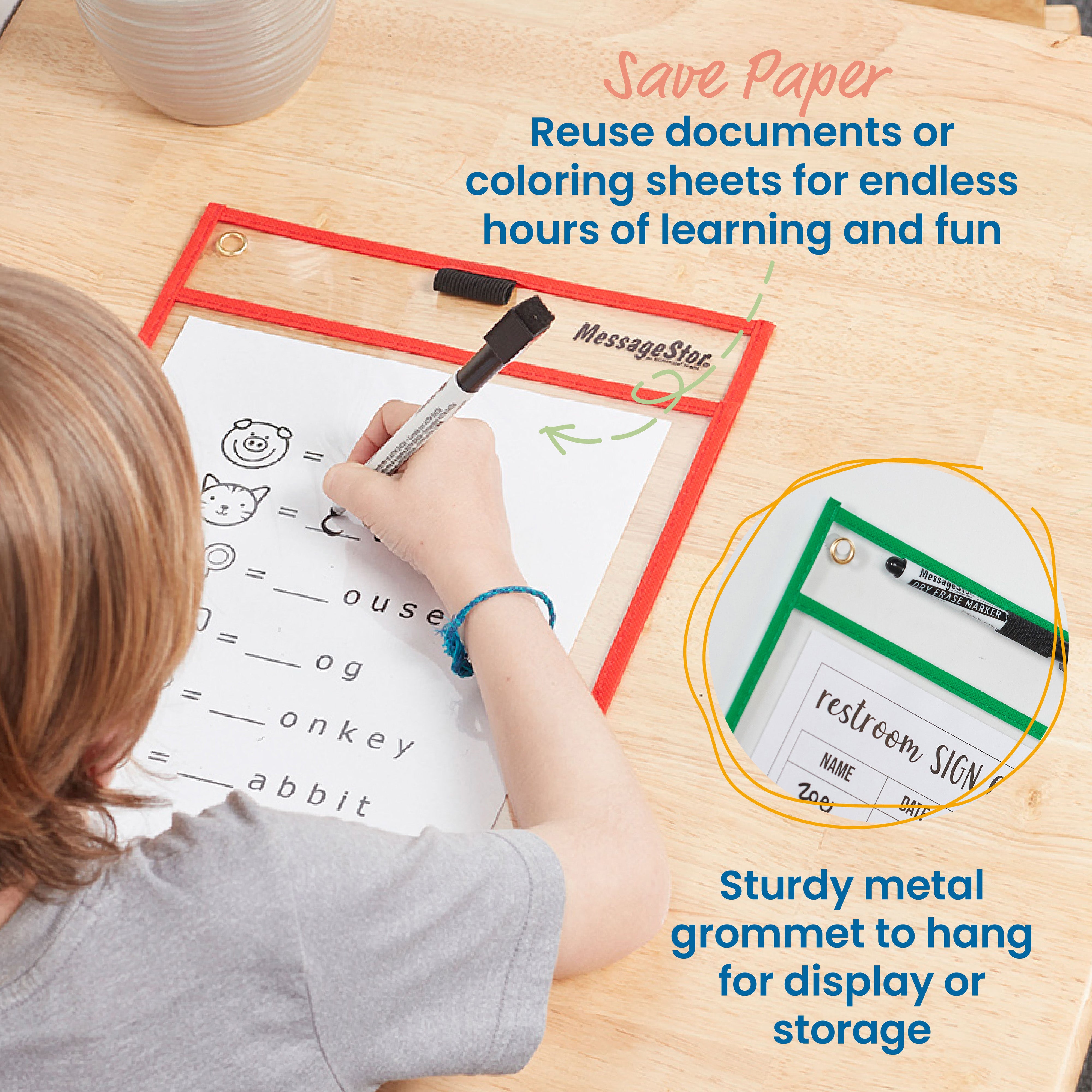 MessageStor Dry-Erase Reusable Clear Pockets with Markers, 30-Piece