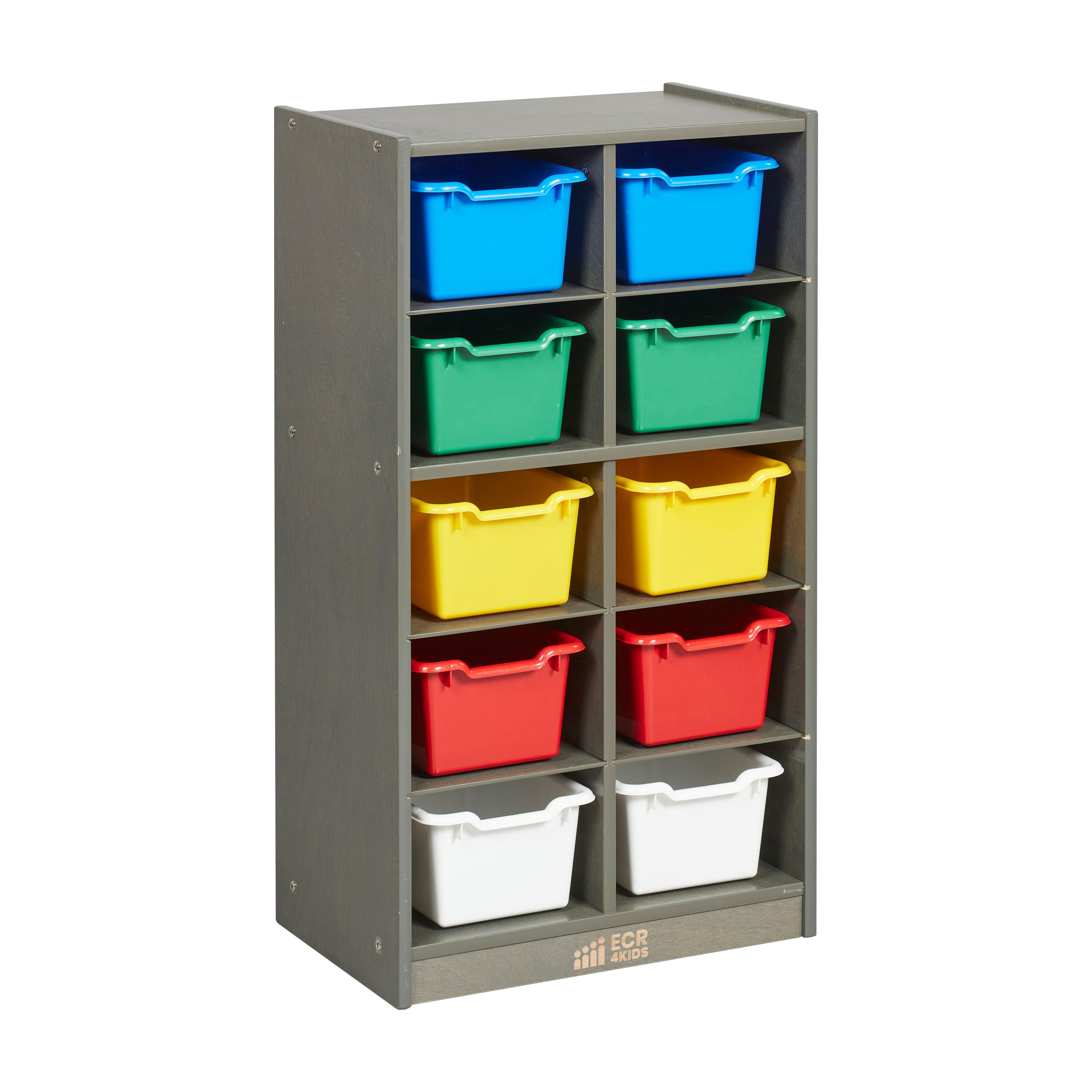 10 Cubby Mobile Tray Cabinet with 10 Scoop Front Storage Bins, 5x2, Grey Wash