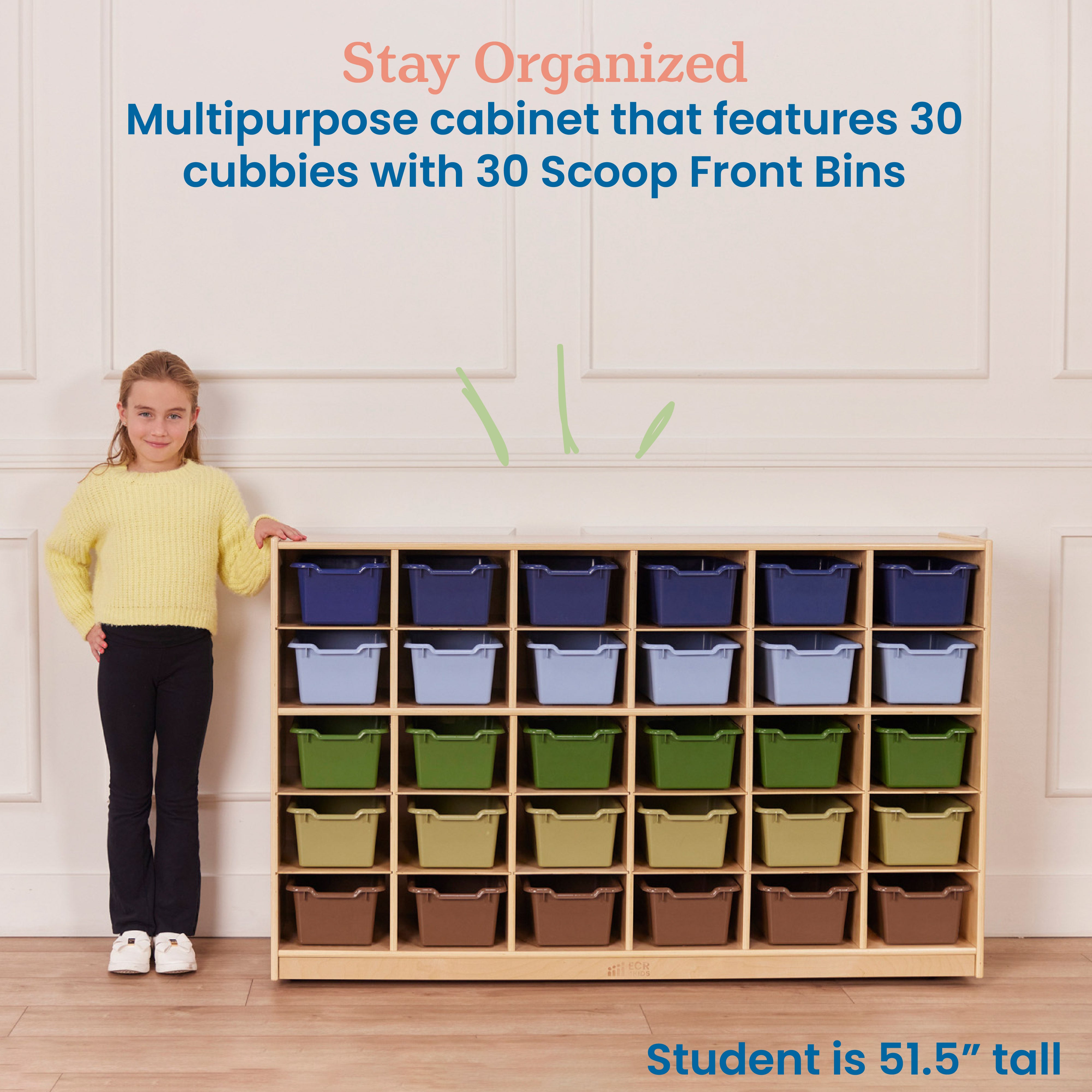 30 Cubby Mobile Tray Cabinet with 30 Scoop Front Storage Bins, 5x6, Natural
