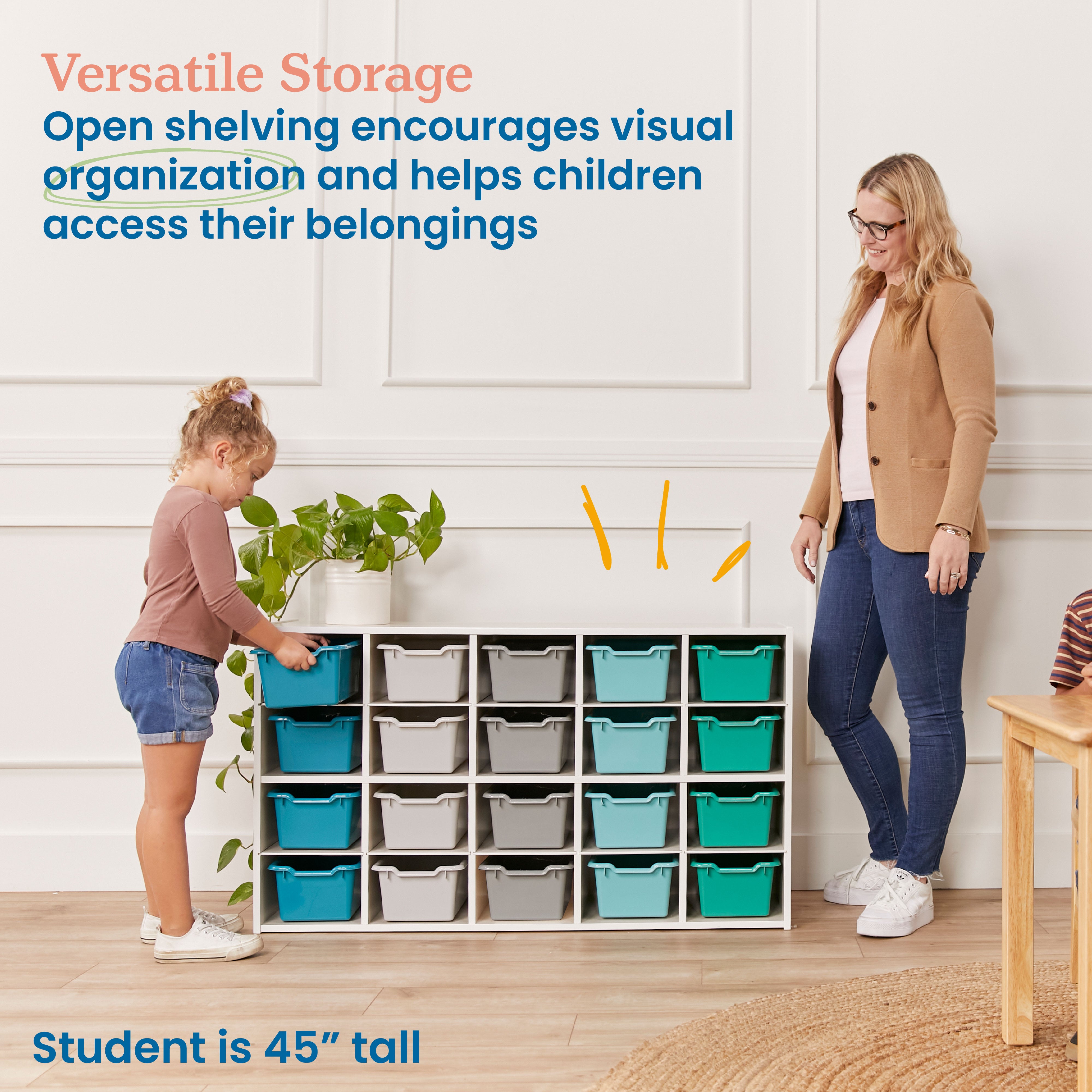 Streamline 20 Cubby Tray Storage Cabinet with 20 Scoop Front Storage Bins, 4x5, White Wash