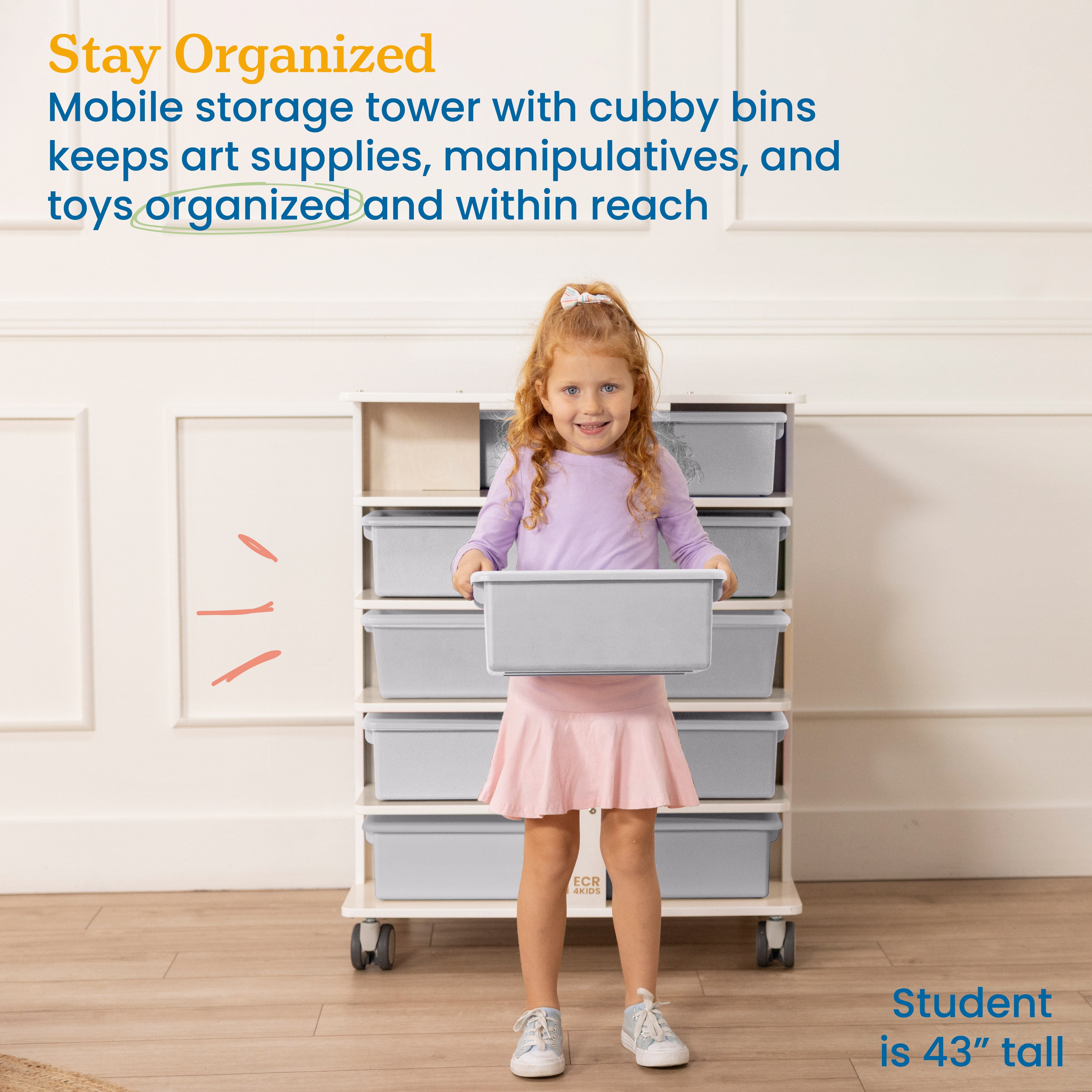 20-Compartment Mobile Storage Tower with Cubby Bins with Lids, 5x4, White Wash, Classroom Furniture