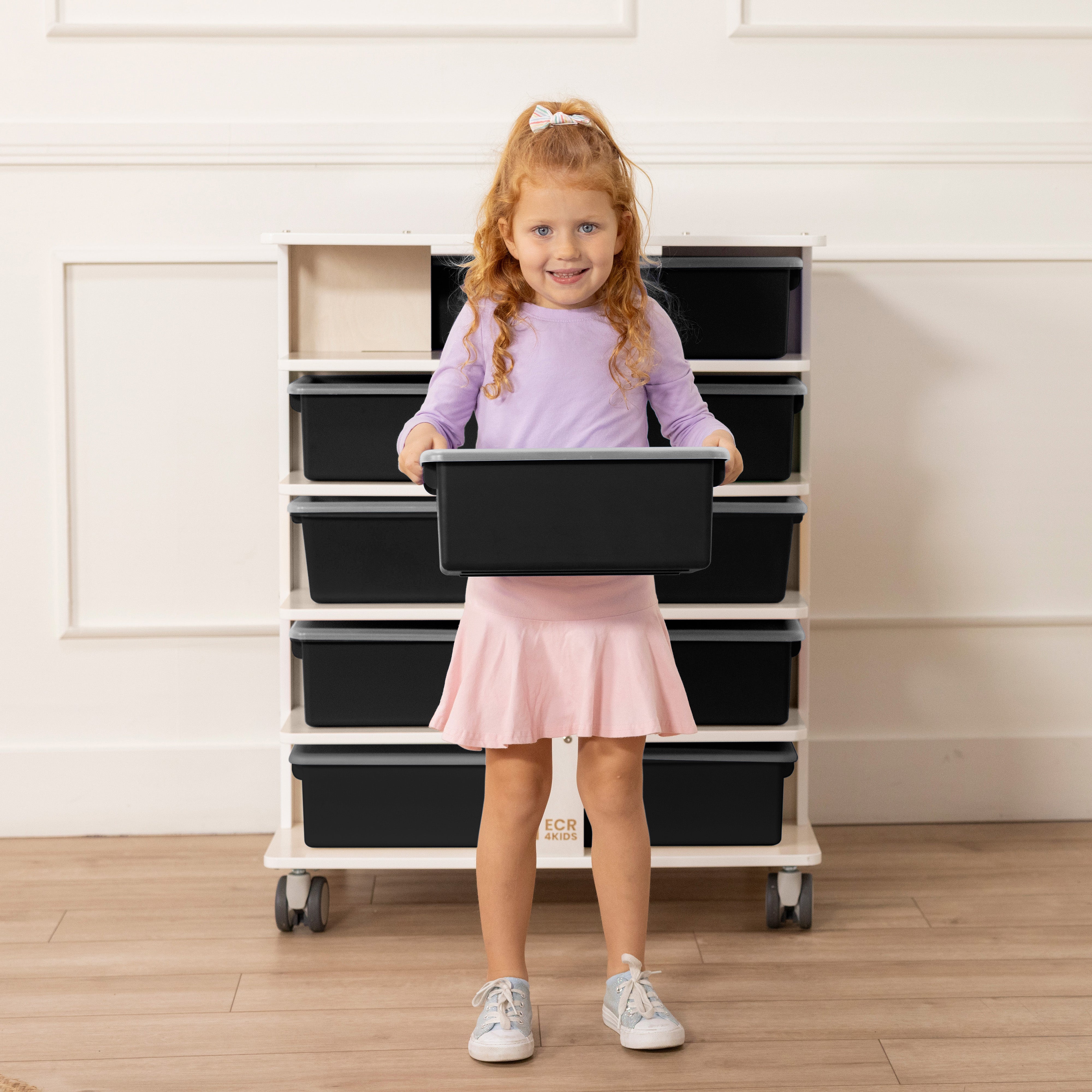 20-Compartment Mobile Storage Tower with Cubby Bins with Lids, 5x4, White Wash, Classroom Furniture