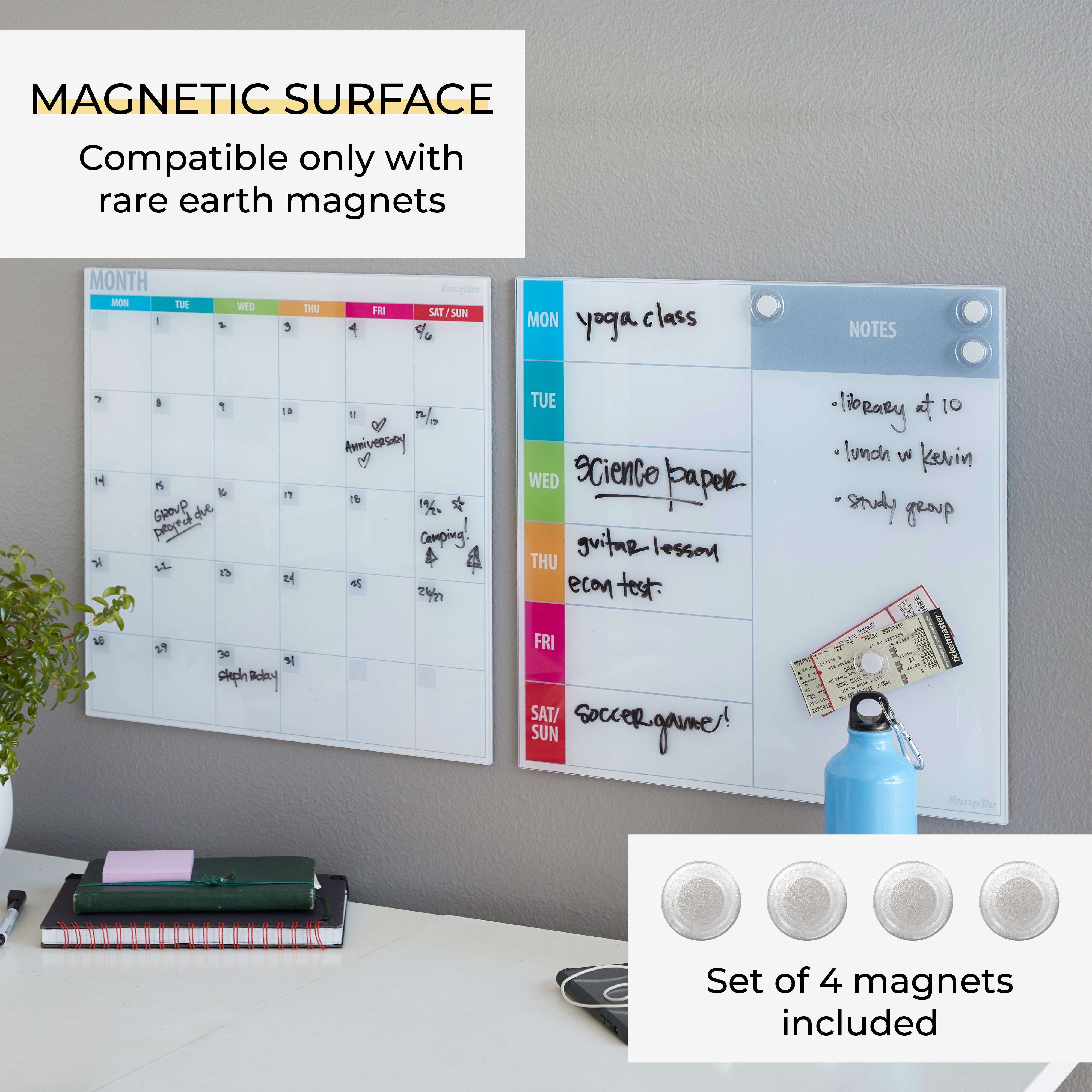 MessageStor Magnetic Dry-Erase Glass Board with Magnets, 17.5in x 17.5in, 2-Pack