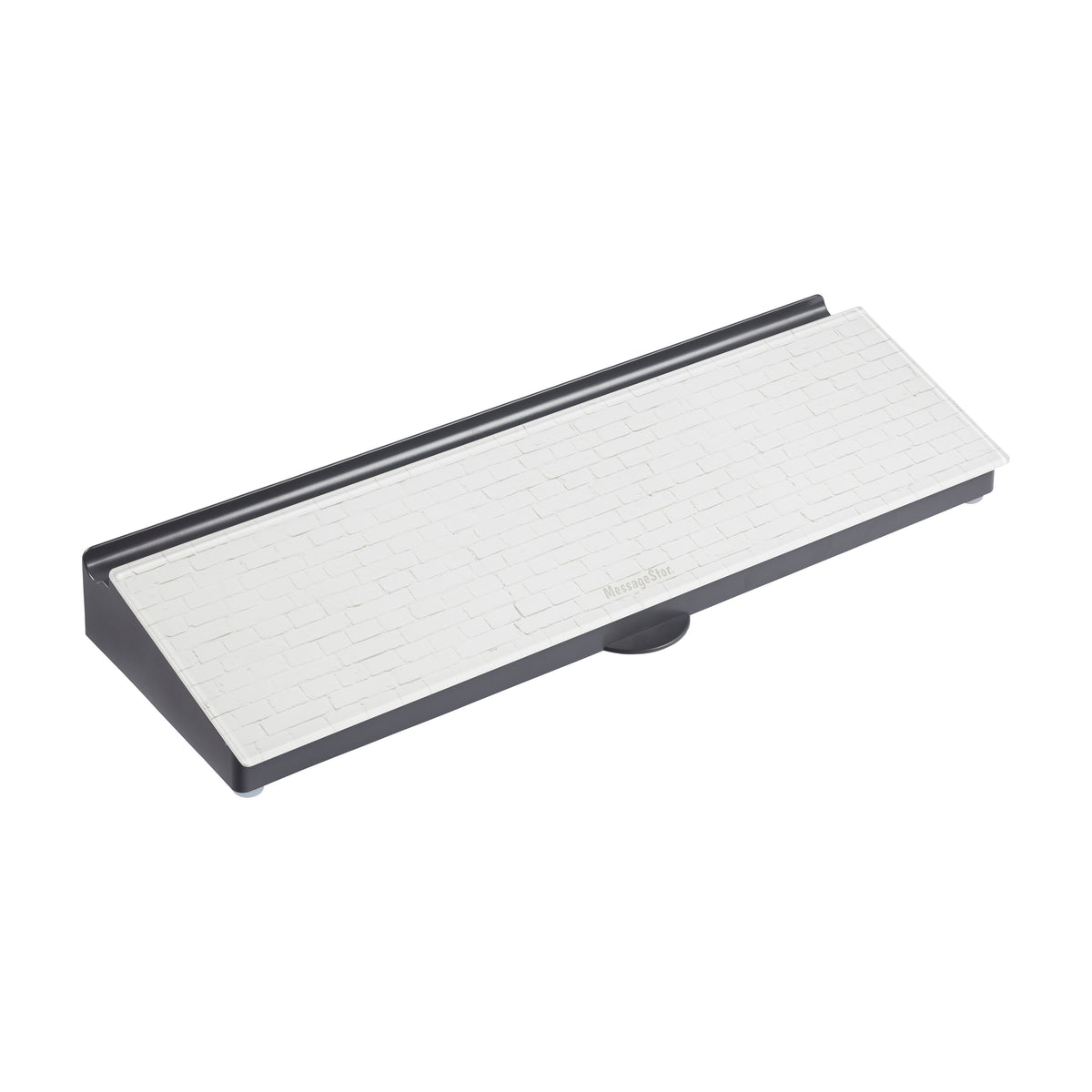 Black desk organizer with white dry-erase writing surface and grid pattern, featuring storage compartment underneath.