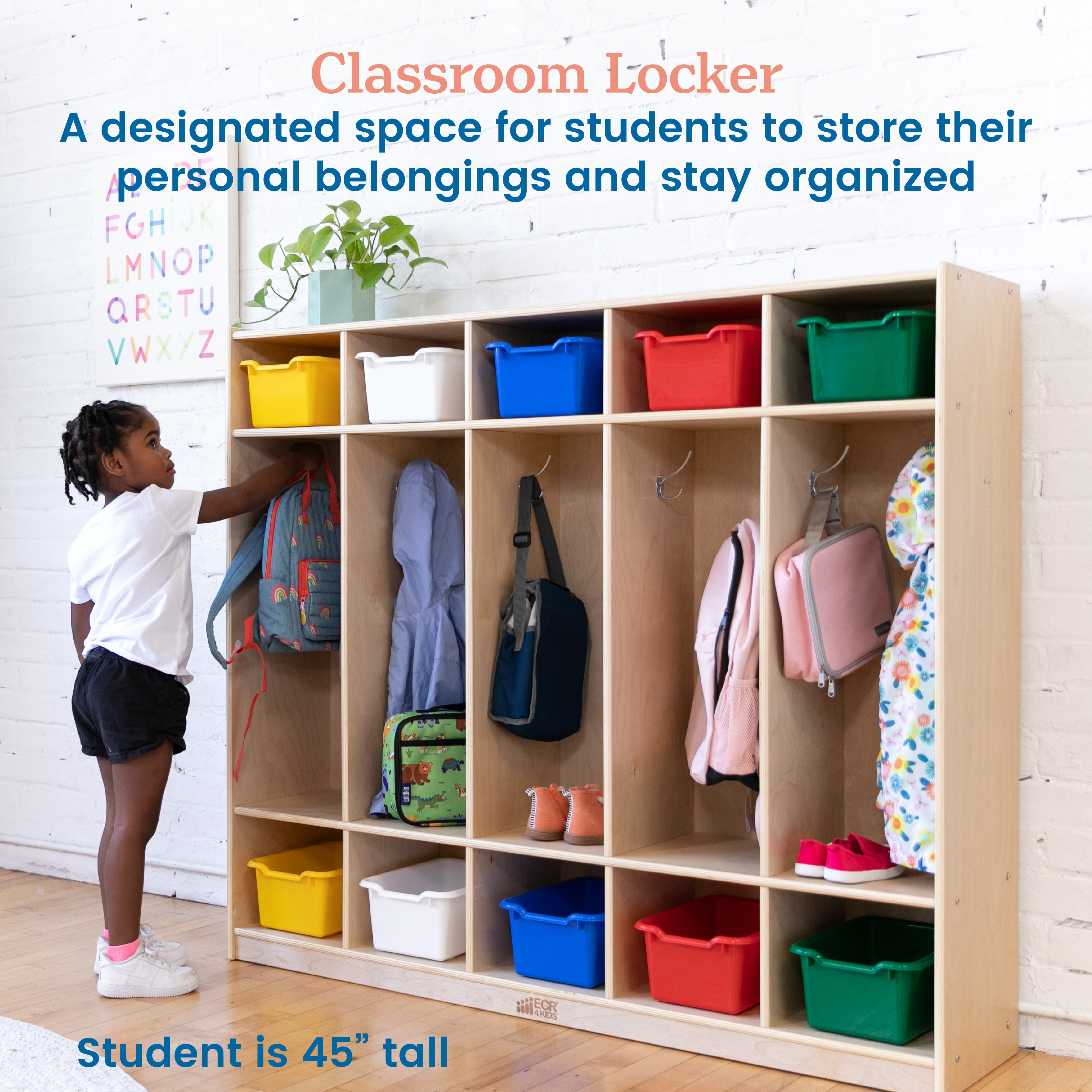 5-Section Coat Locker and Scoop Front Storage Bins, Natural