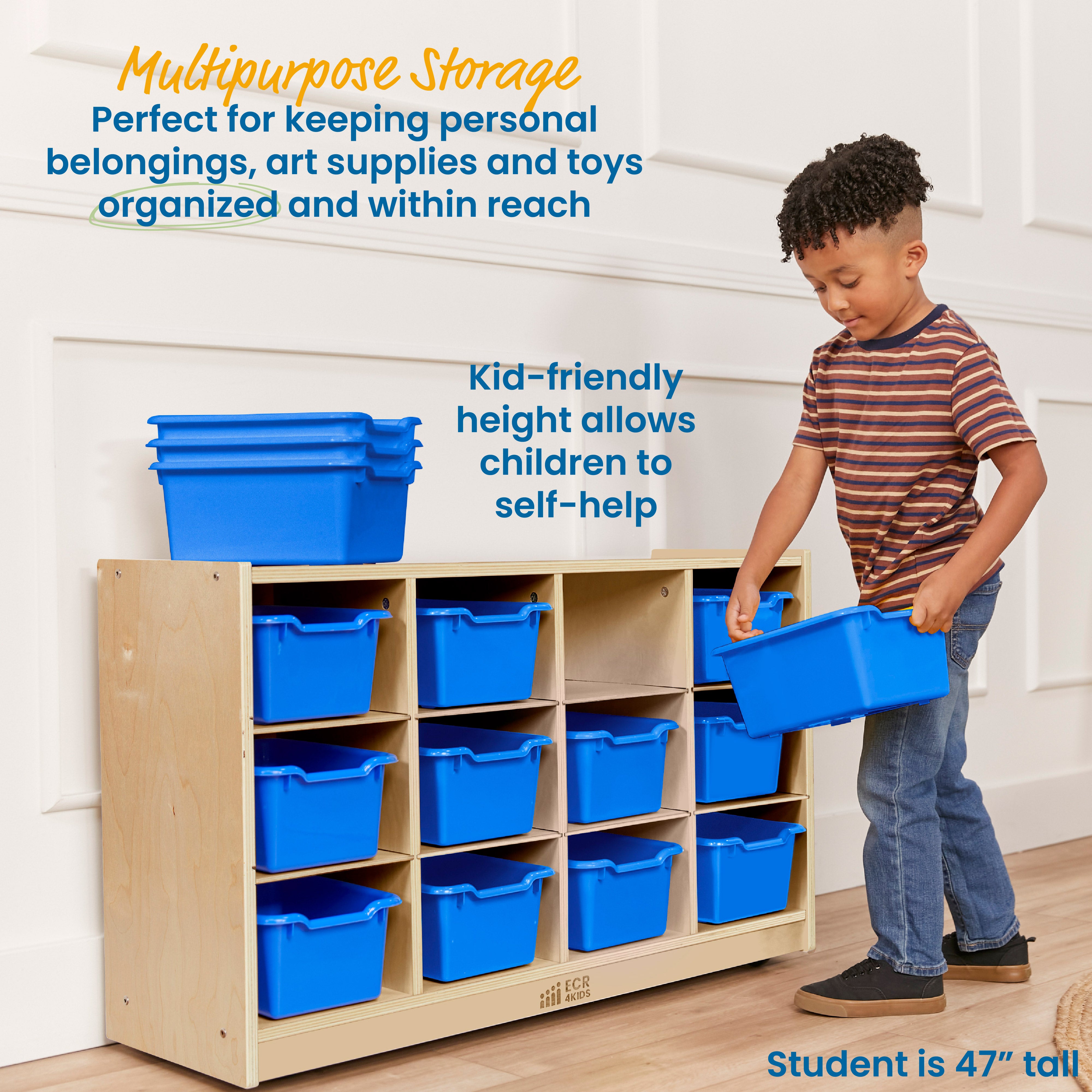 12 Cubby Mobile Tray Cabinet with 15 Scoop Front Storage Bins, 3x4, Natural