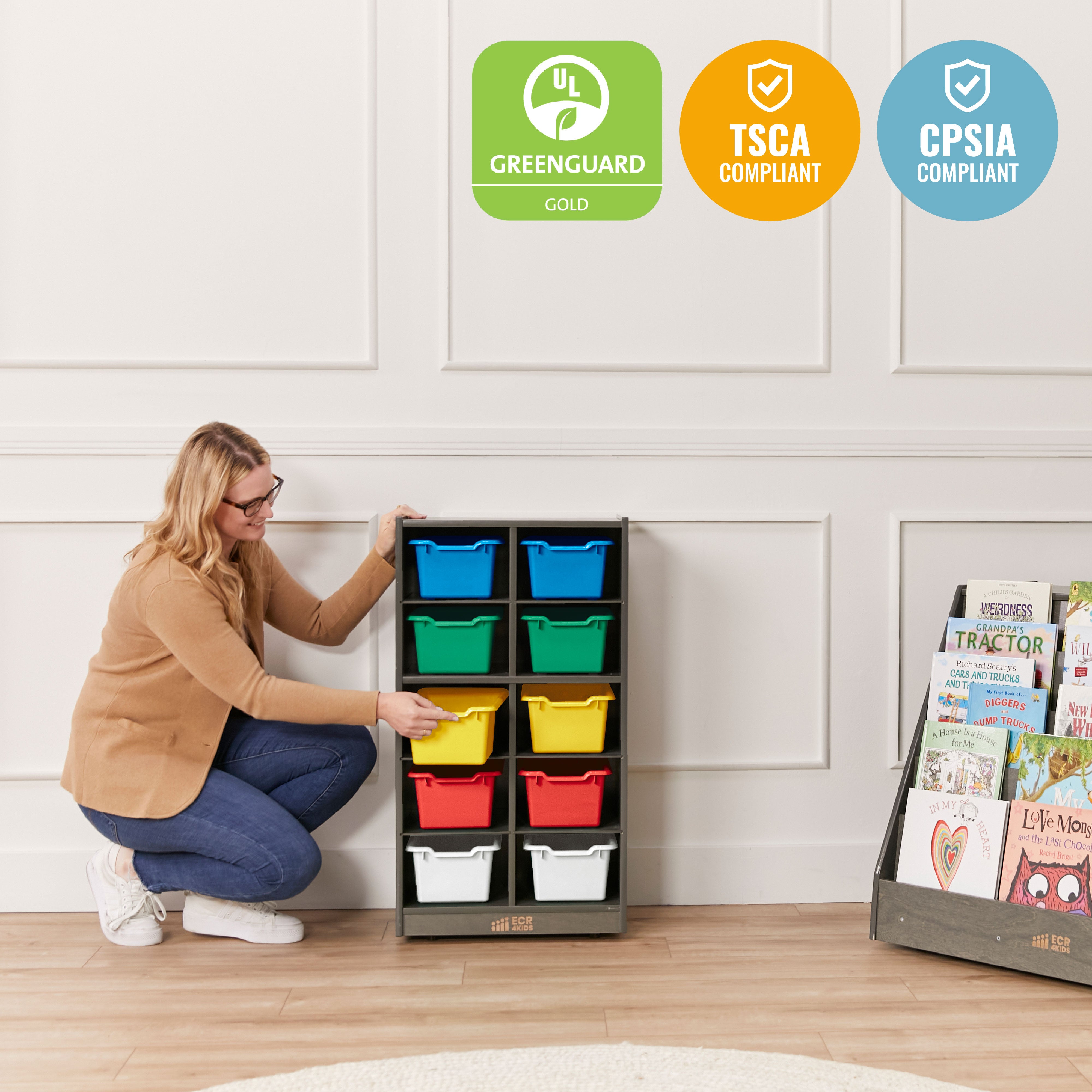 10 Cubby Mobile Tray Cabinet with 10 Scoop Front Storage Bins, 5x2, Grey Wash