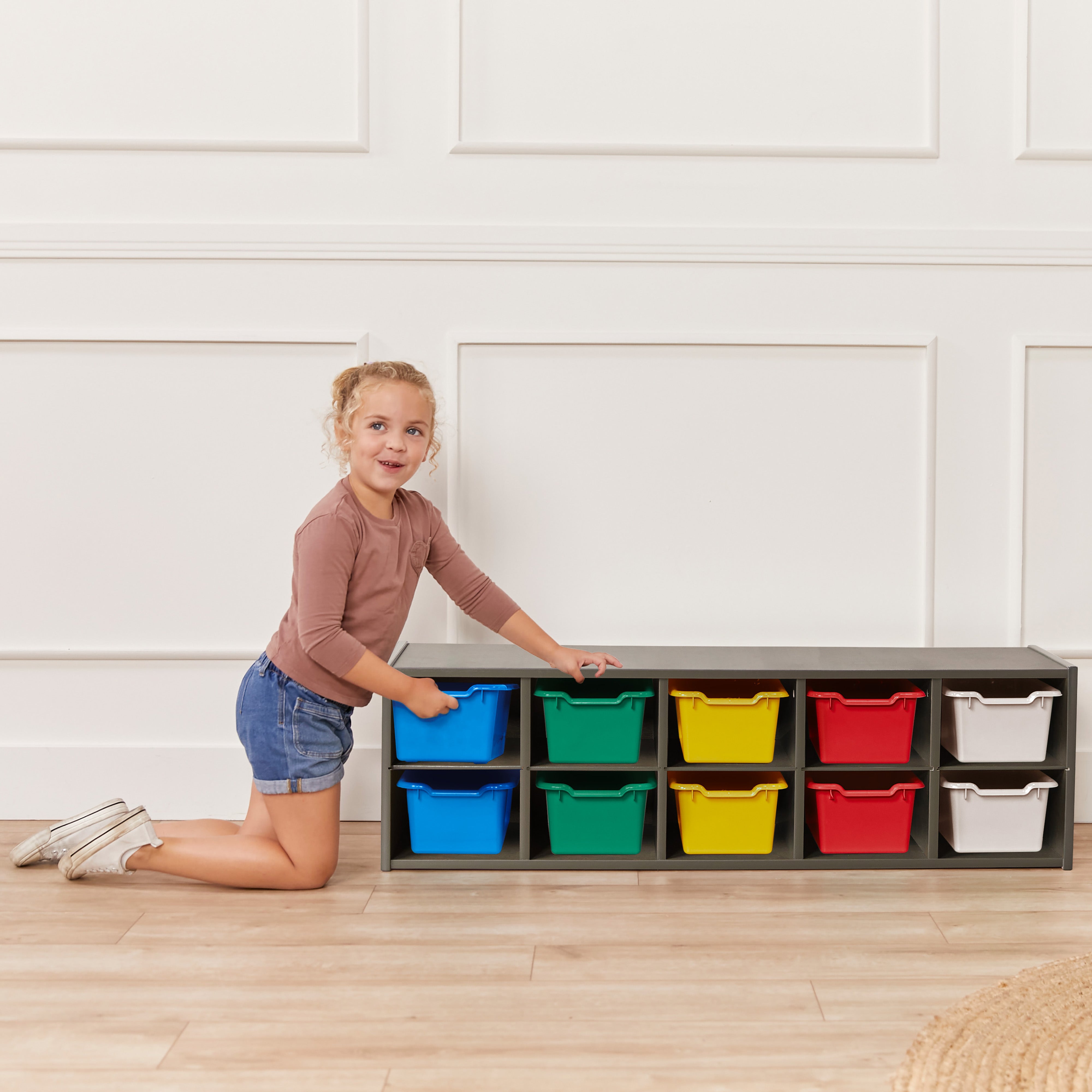 Streamline 10 Cubby Tray Cabinet with 10 Scoop Front Storage Bins, 2x5, Grey Wash