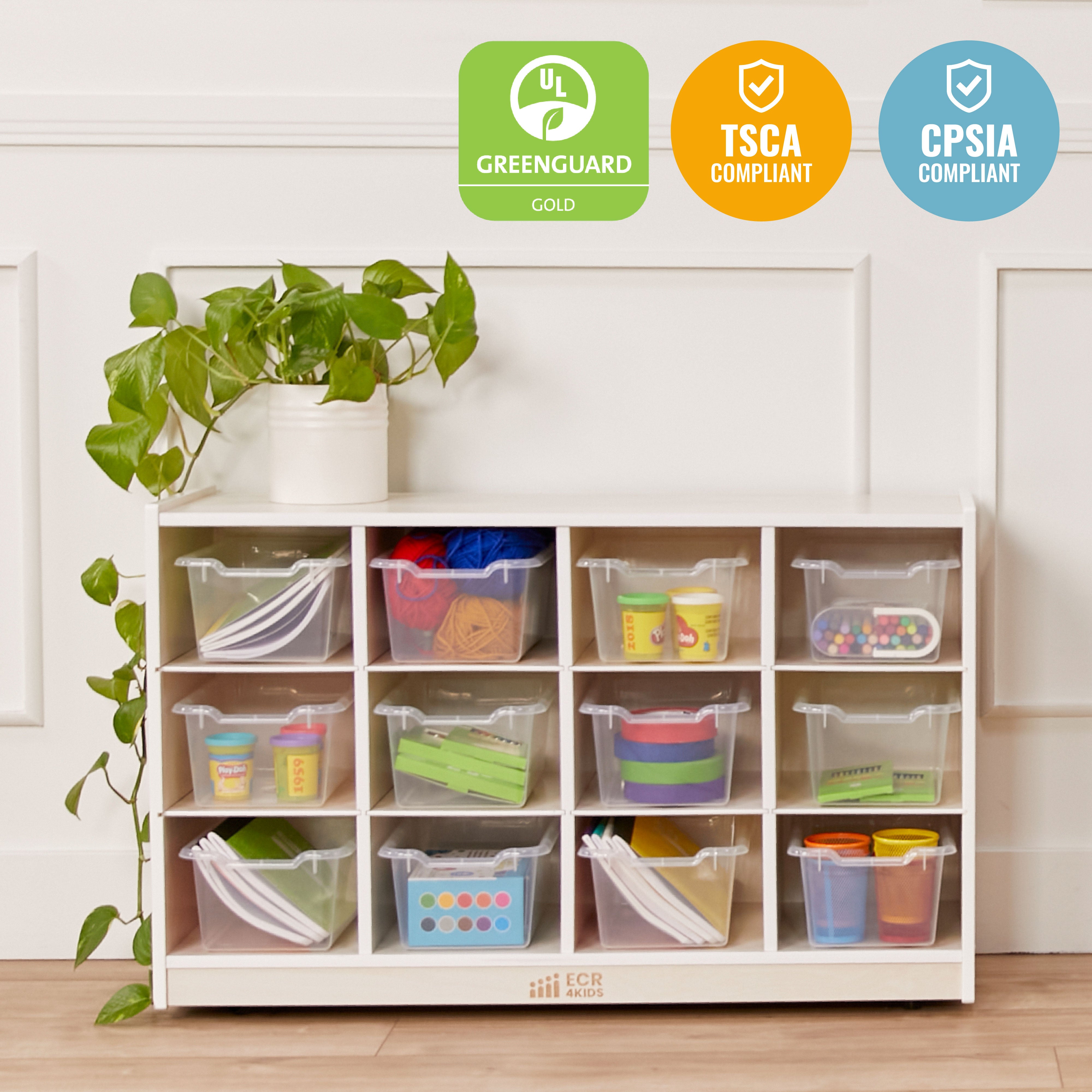 12 Cubby Mobile Tray Cabinet with 15 Scoop Front Storage Bins, 3x4, White Wash