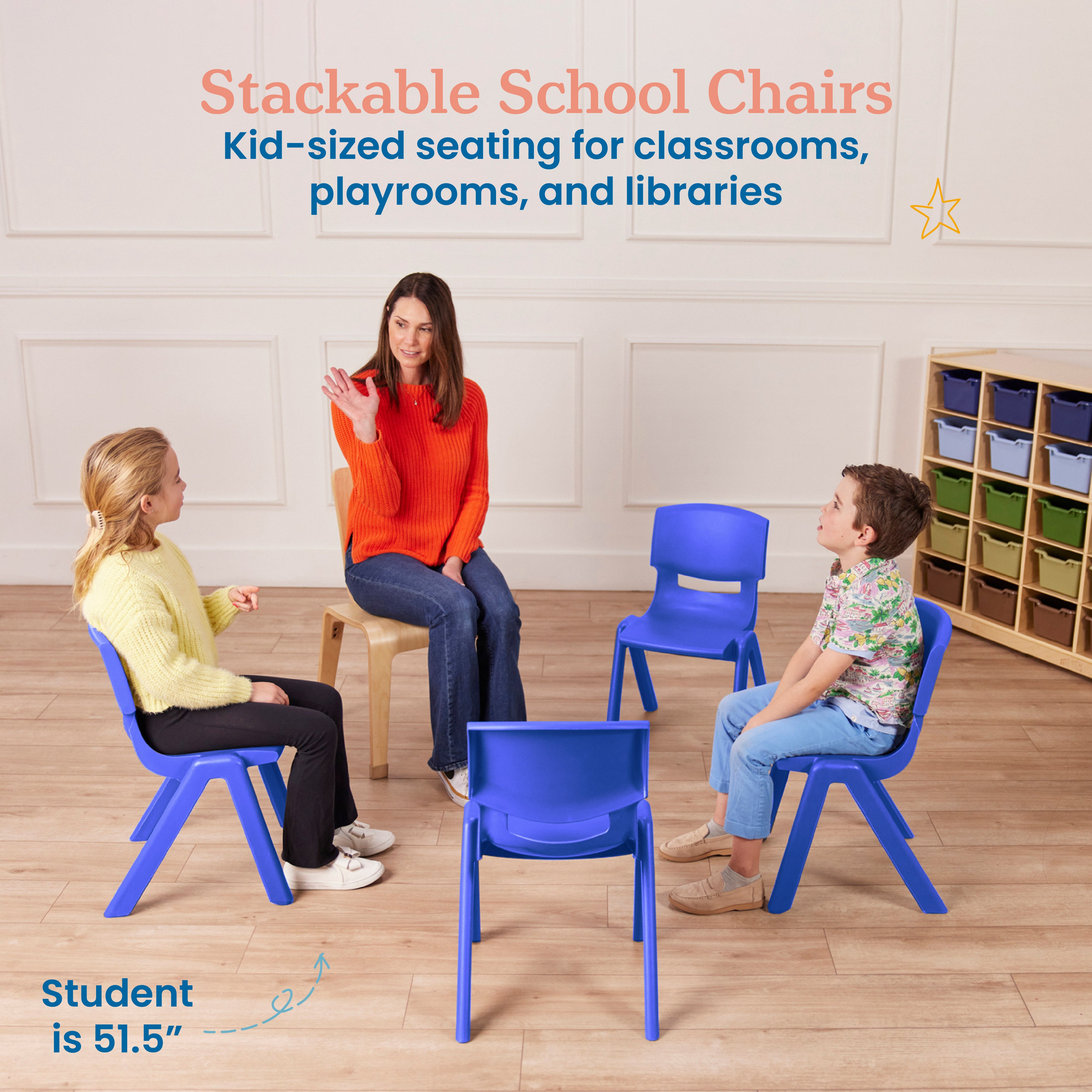 Plastic School Stack Chair for Indoors and Outdoors, Flexible Seating, 14in Seat Height, 4-Pack