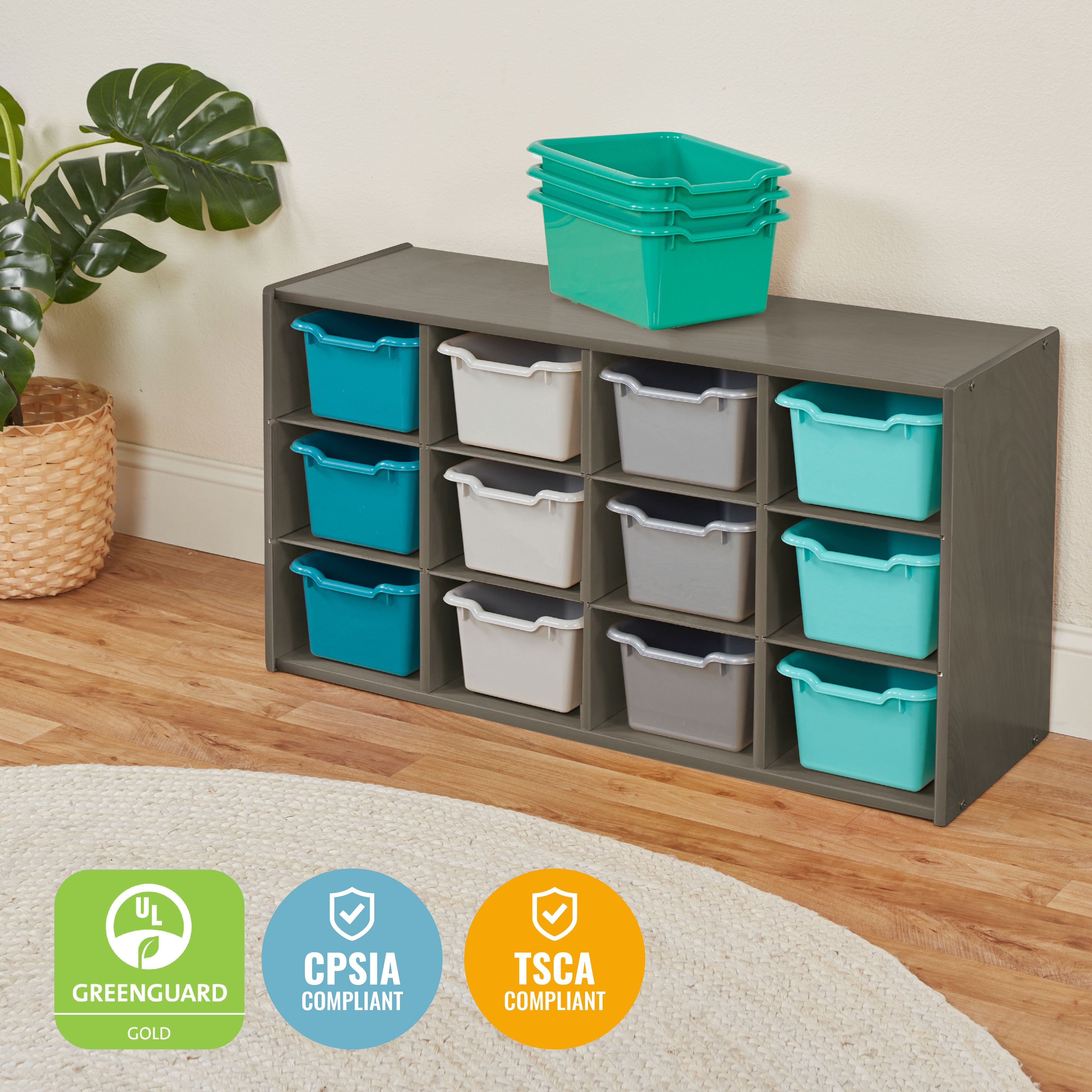 Streamline 12 Cubby Tray Cabinet with Scoop Front Storage Bins, 3x4, Grey Wash