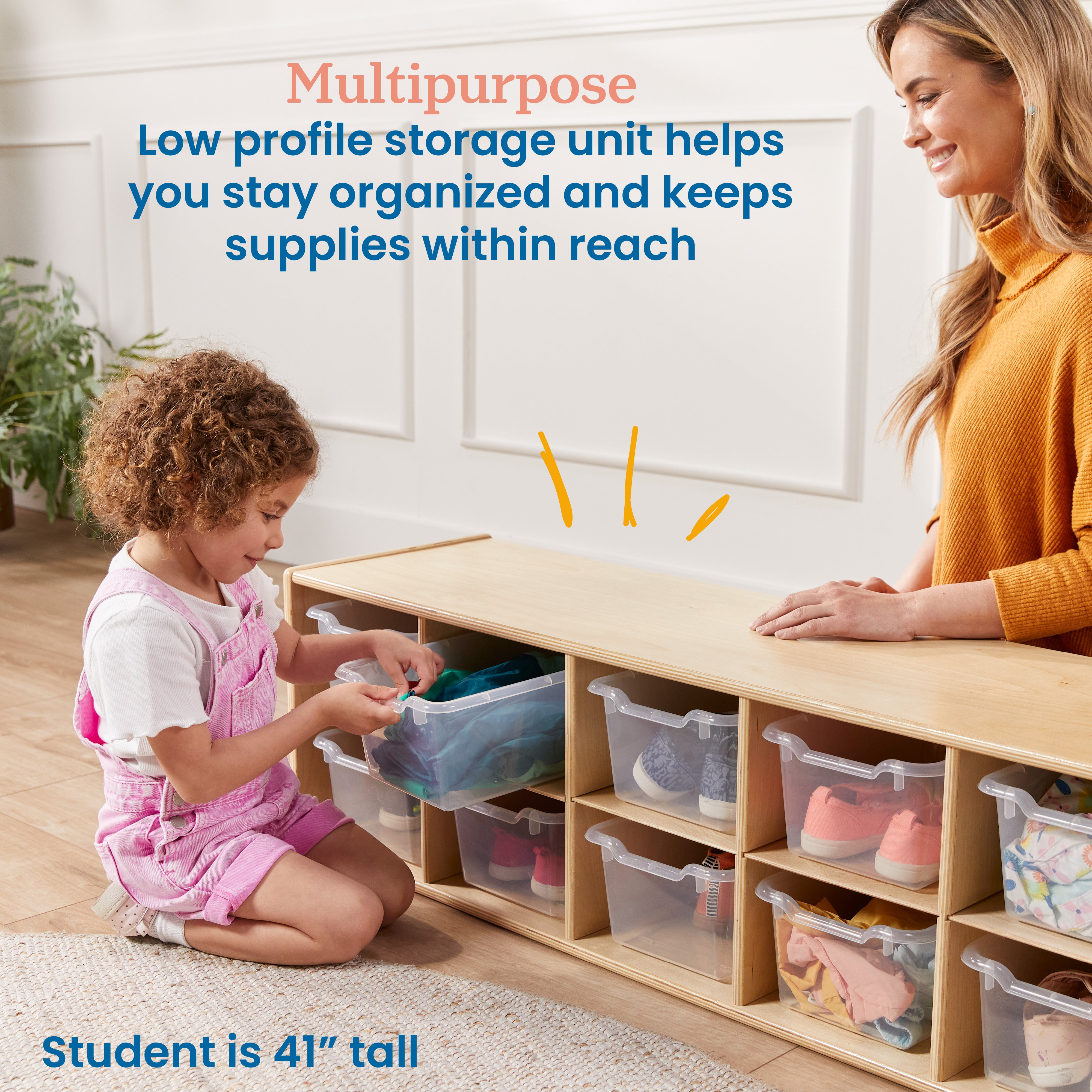 Streamline 10 Cubby Tray Cabinet with 10 Scoop Front Storage Bins, 2x5, Natural