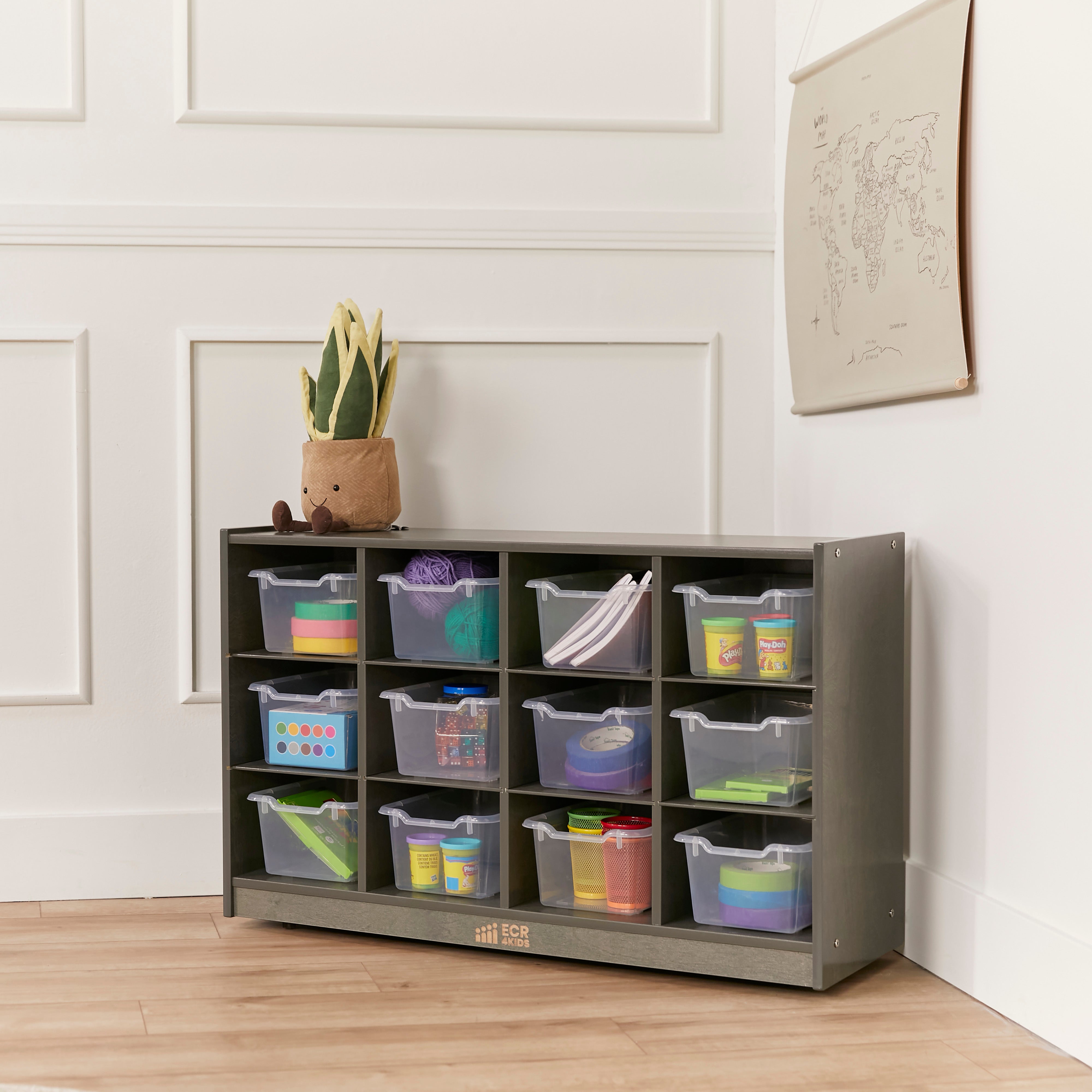 12 Cubby Mobile Tray Cabinet with 15 Scoop Front Storage Bins, 3x4, Grey Wash