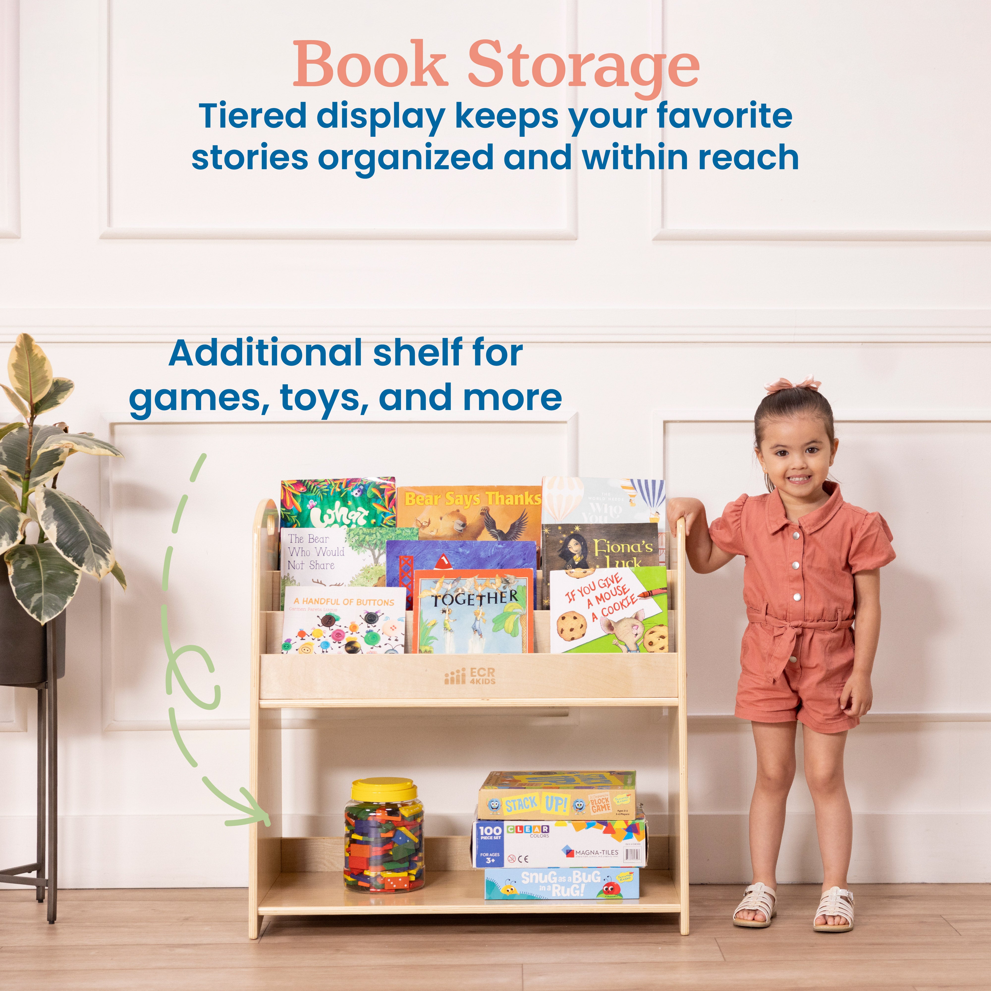 3-Shelf Floor Book Display with Handles and Storage, 30in