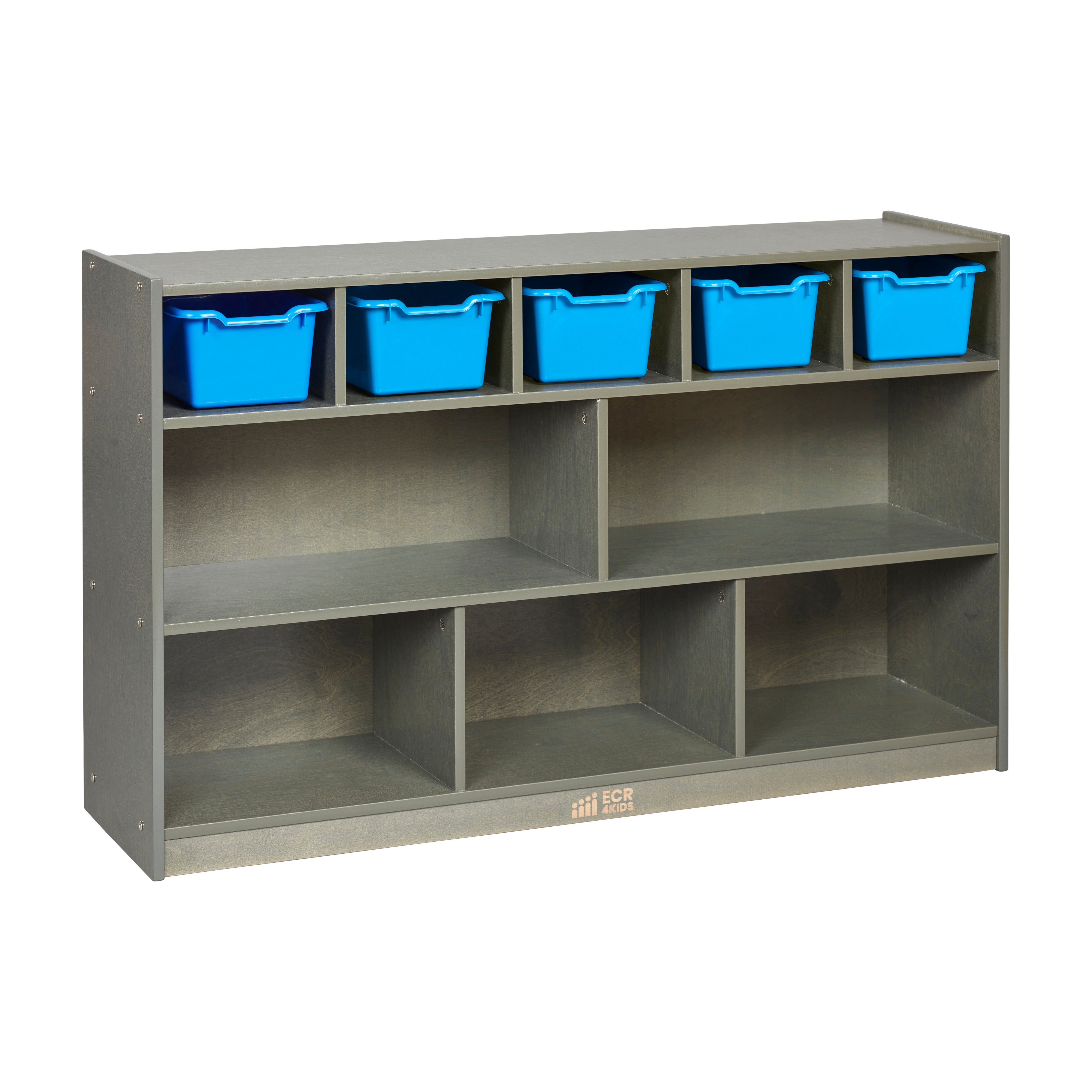 5+5 Mobile Storage and Tray Cabinet with 5 Scoop Front Bins, Grey Wash, Classroom Furniture
