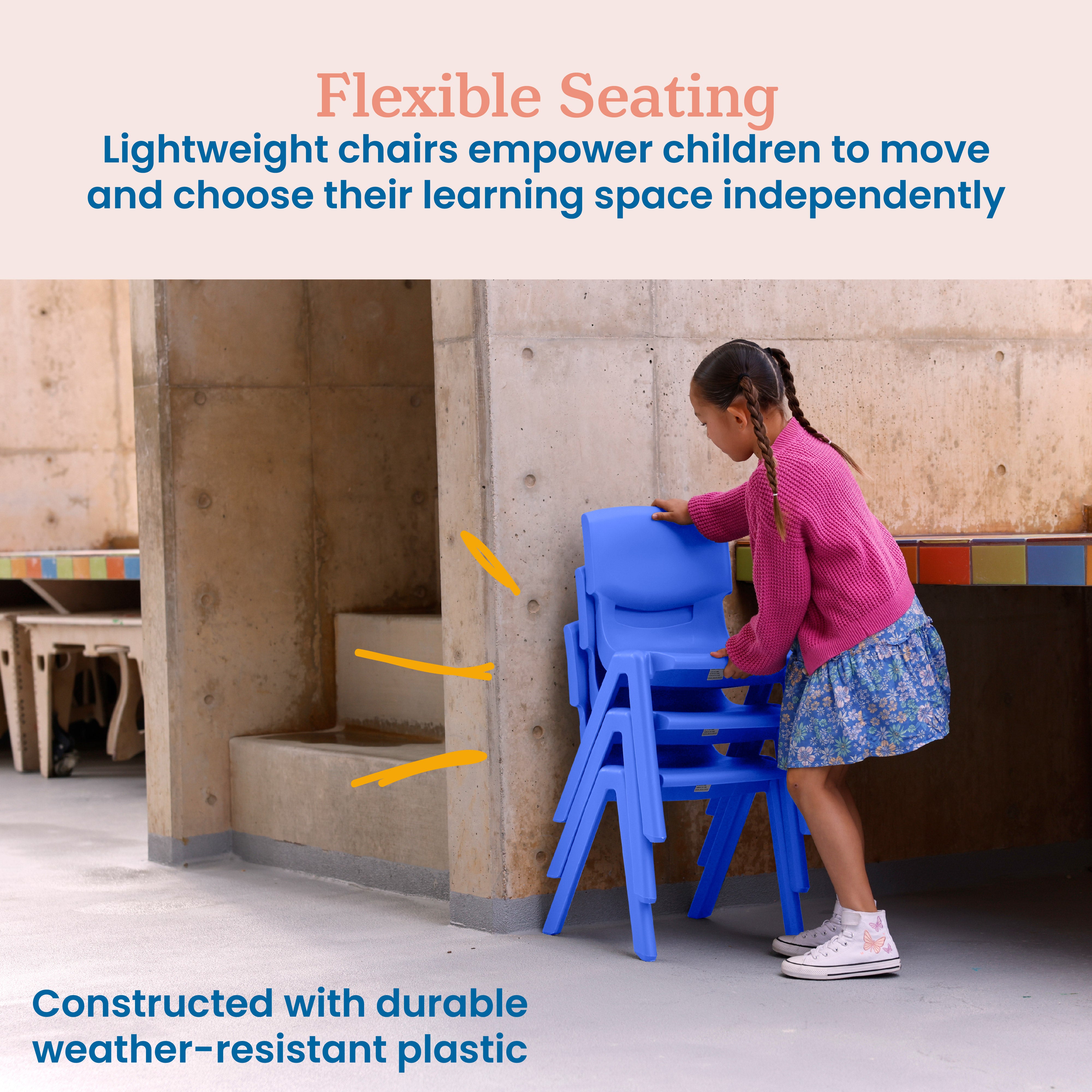 Plastic School Stack Chair for Indoors and Outdoors, Flexible Seating, 14in Seat Height, 4-Pack
