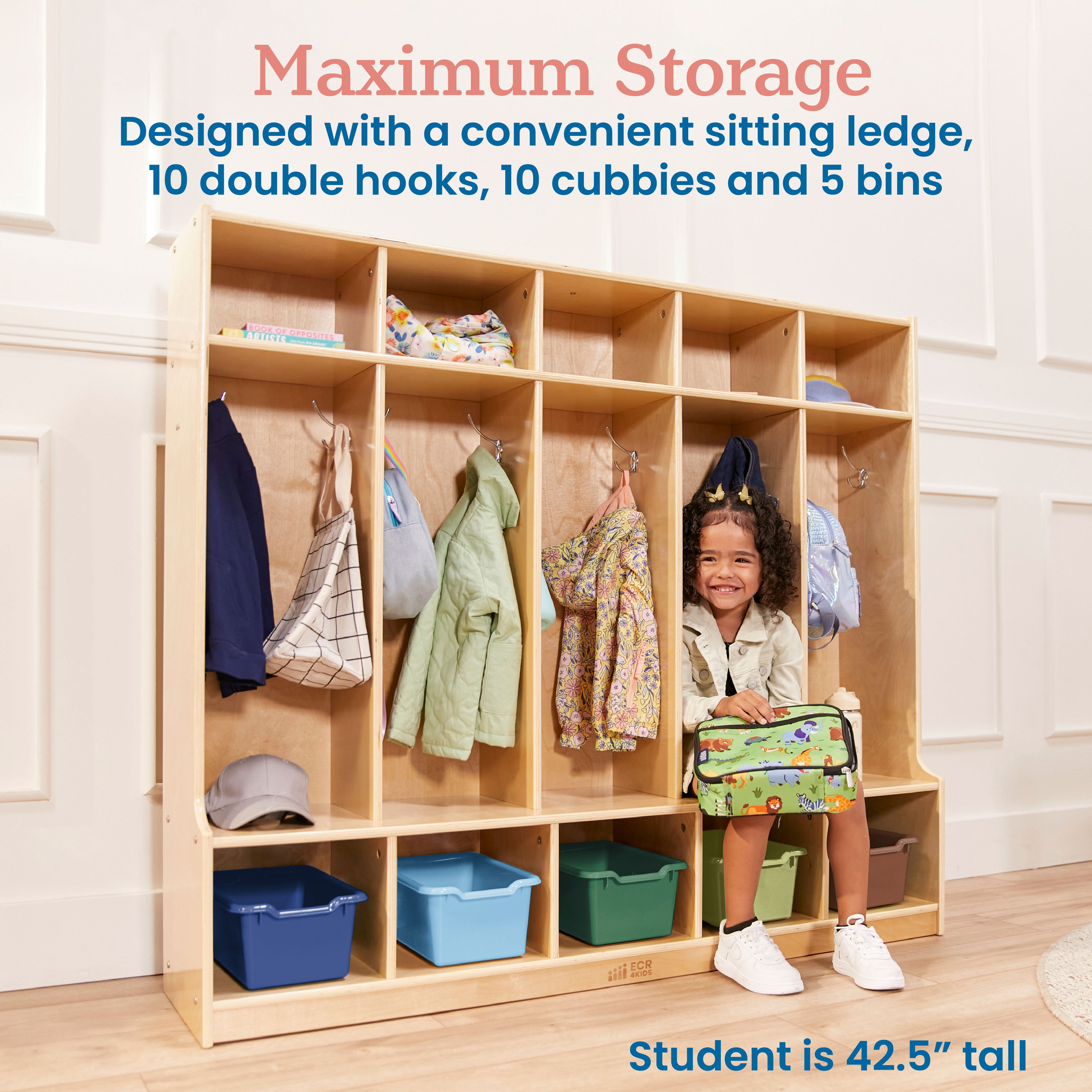 5-Section Coat Locker with Bench and Scoop Front Storage Bins, Natural