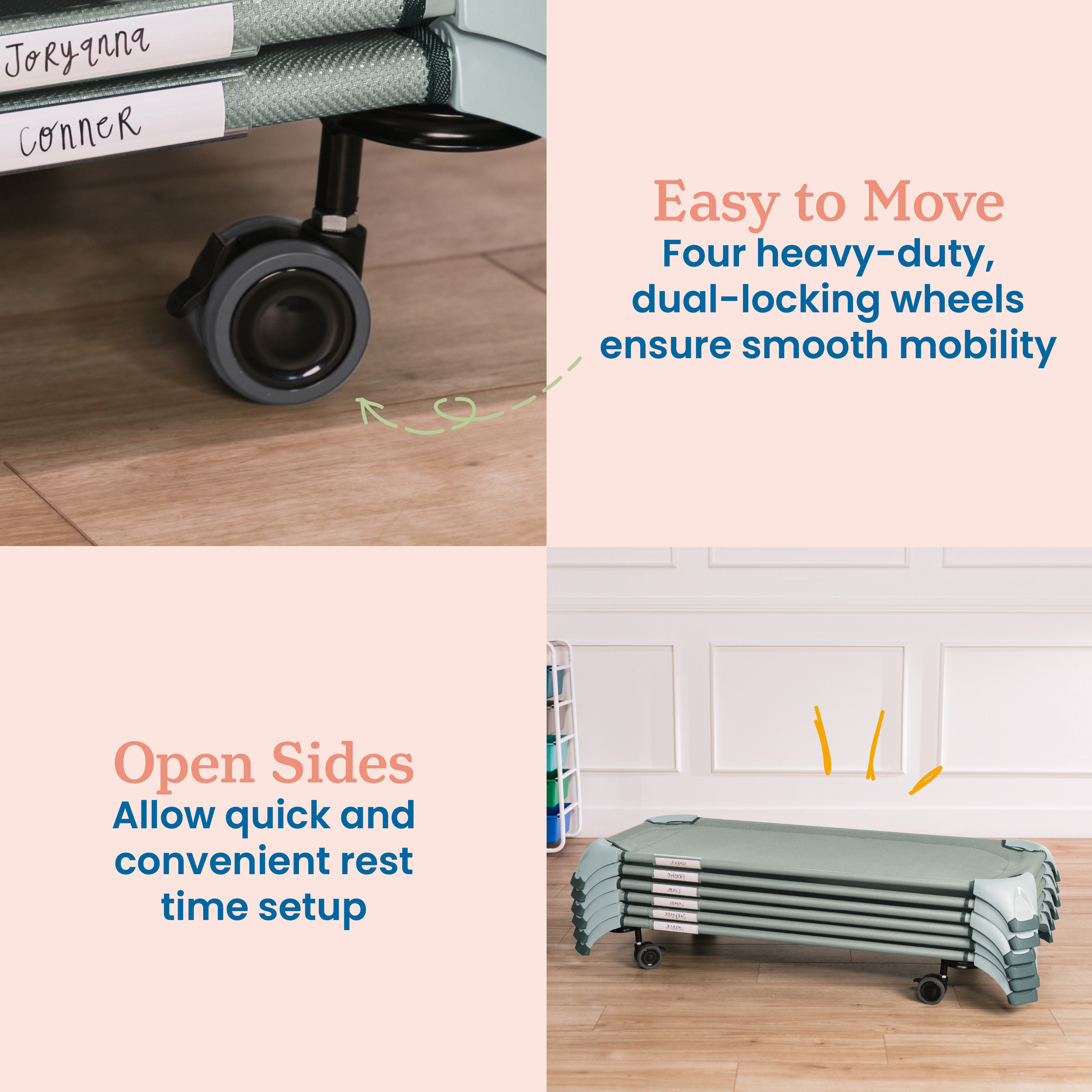 Stackable Cozy Cots with Universal Cot Trolley, 6-Pack