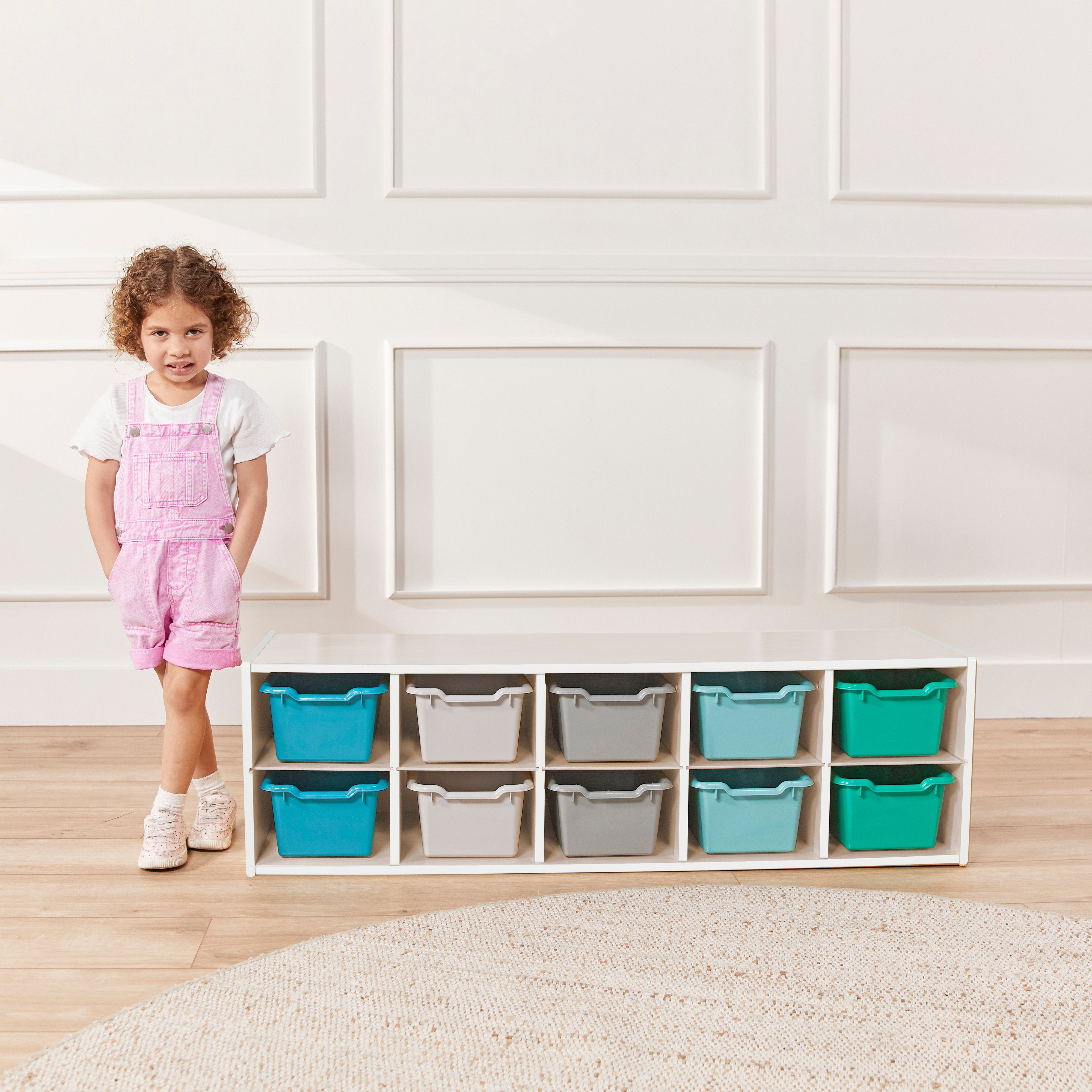 Streamline 10 Cubby Tray Cabinet with 10 Scoop Front Storage Bins, 2x5, White Wash