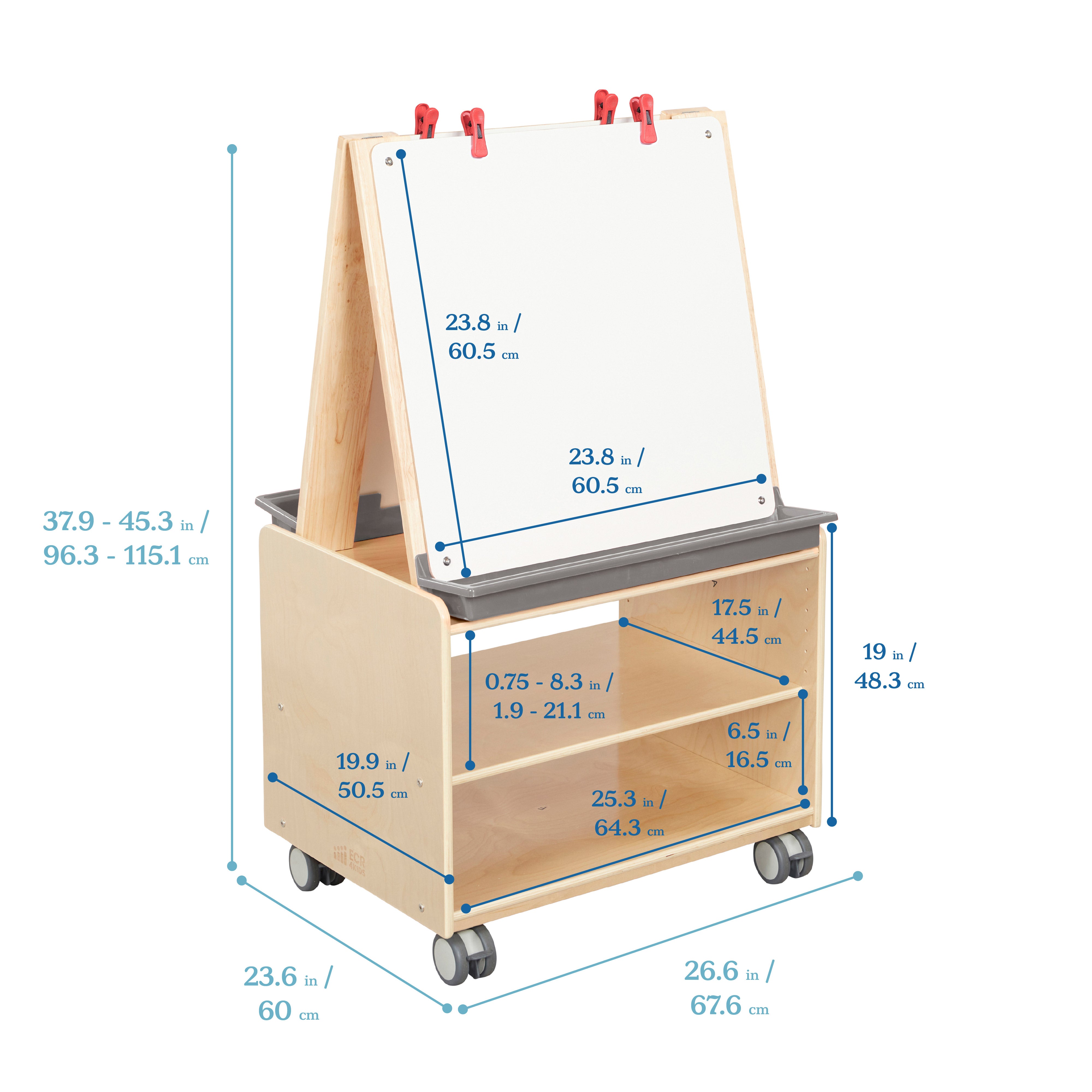 Double-Sided Mobile Art Easel with Storage and Clips